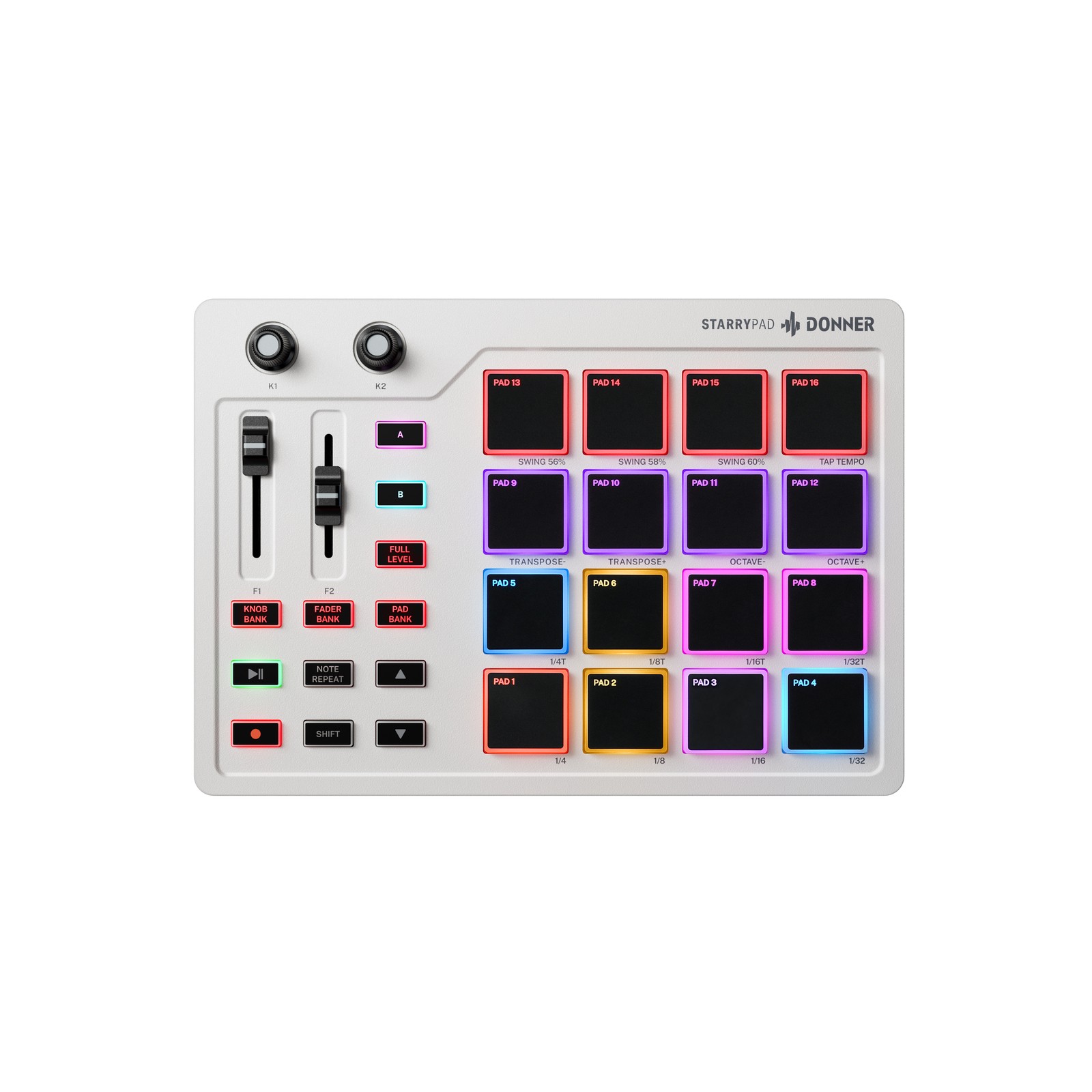 Donner STARRYPAD White MIDI Pad Controller 16 Beat Pads 2 Faders 2 Knobs USB
