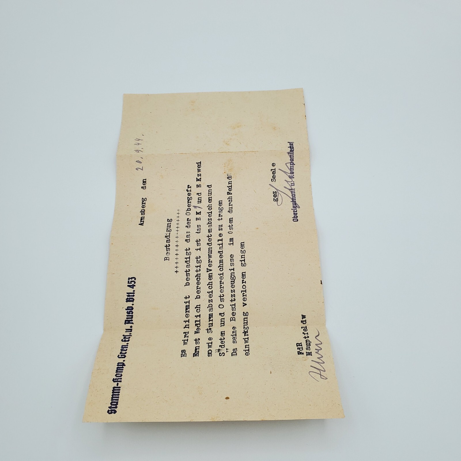 WW2 Original WW2 Iron Cross First Class EK1 EK2 medal award document 1944 letter