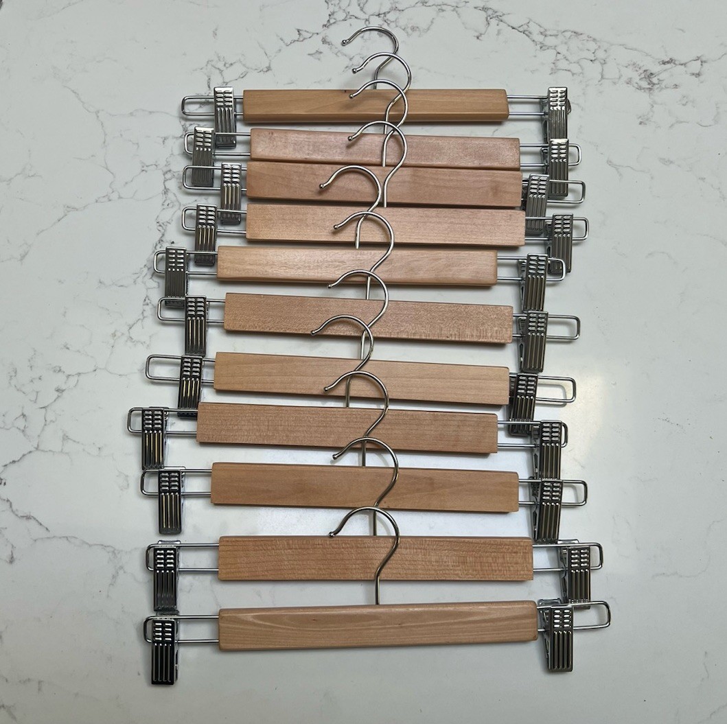 Genuine Wooden Natural Finish Skirt Hangers 9” - 12” Adjustable  - (11 Hangers)