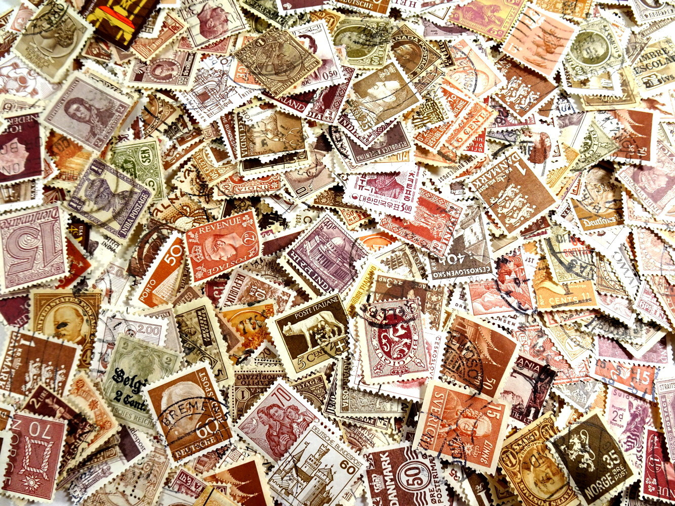 50 Vintage BROWN & RED BROWN Cancelled Postage Stamps US Foreign Paper Crafts