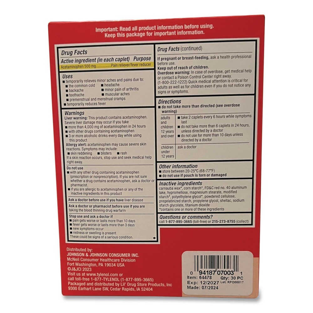 Tylenol 64478 Extra Strength Caplets (30/Box) New