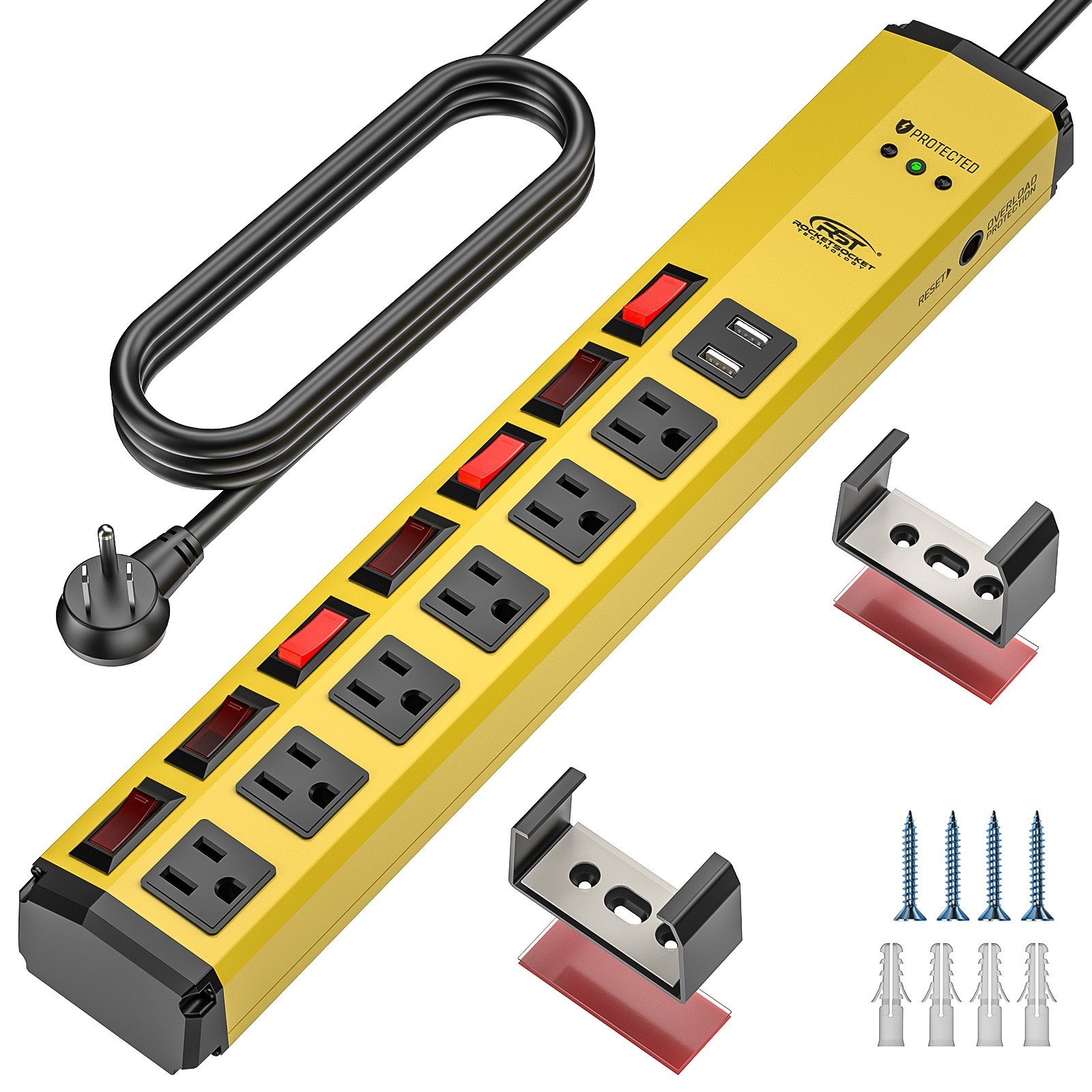 6-Outlet Heavy Duty Power Strip with 2 USB and Individual Switches, 15A/1875W