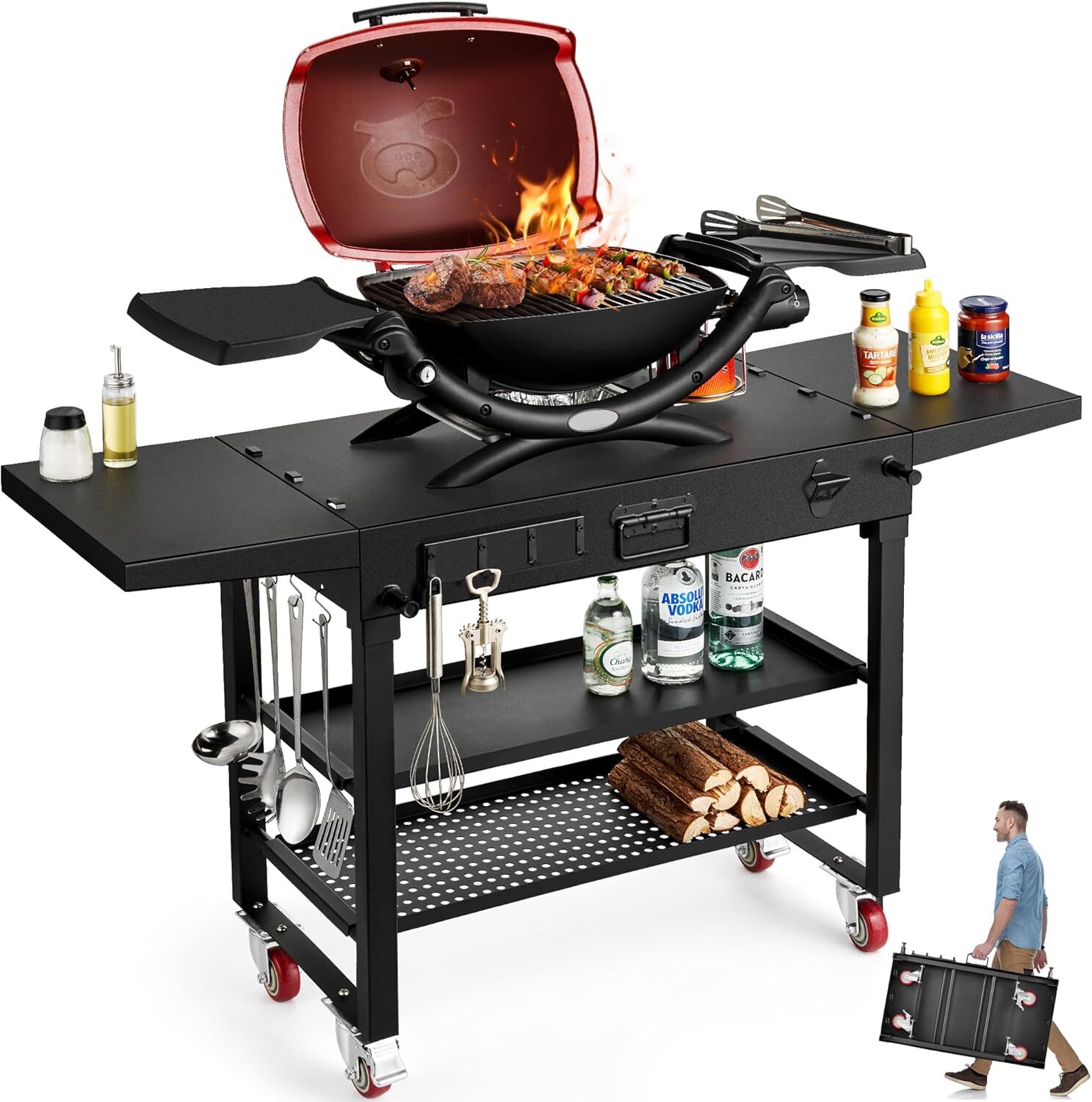 Upgraded 3-Shelf Outdoor Grill Table Cart Portable Grill Cart Fits for 17"22"