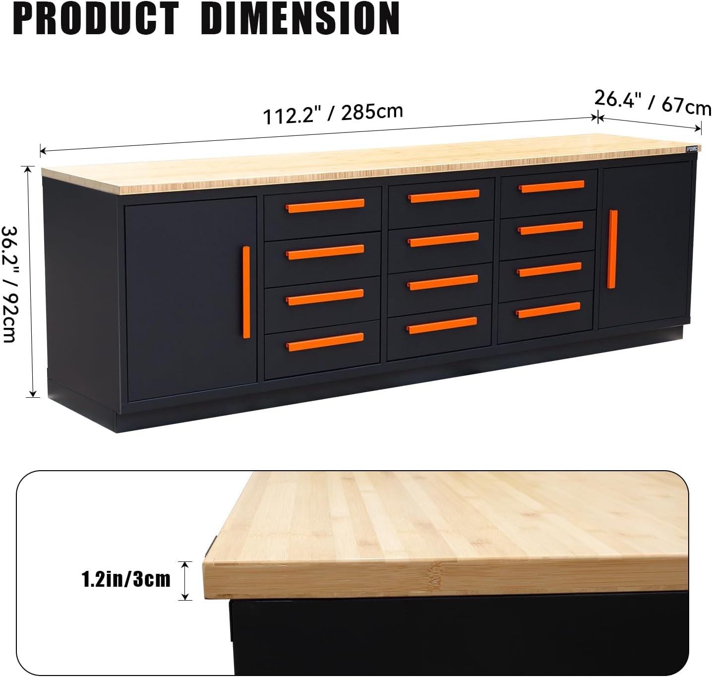 12 Drawer Heavy Duty Rolling Cabinet Workbench Table w/Solid Wood Top for Garage