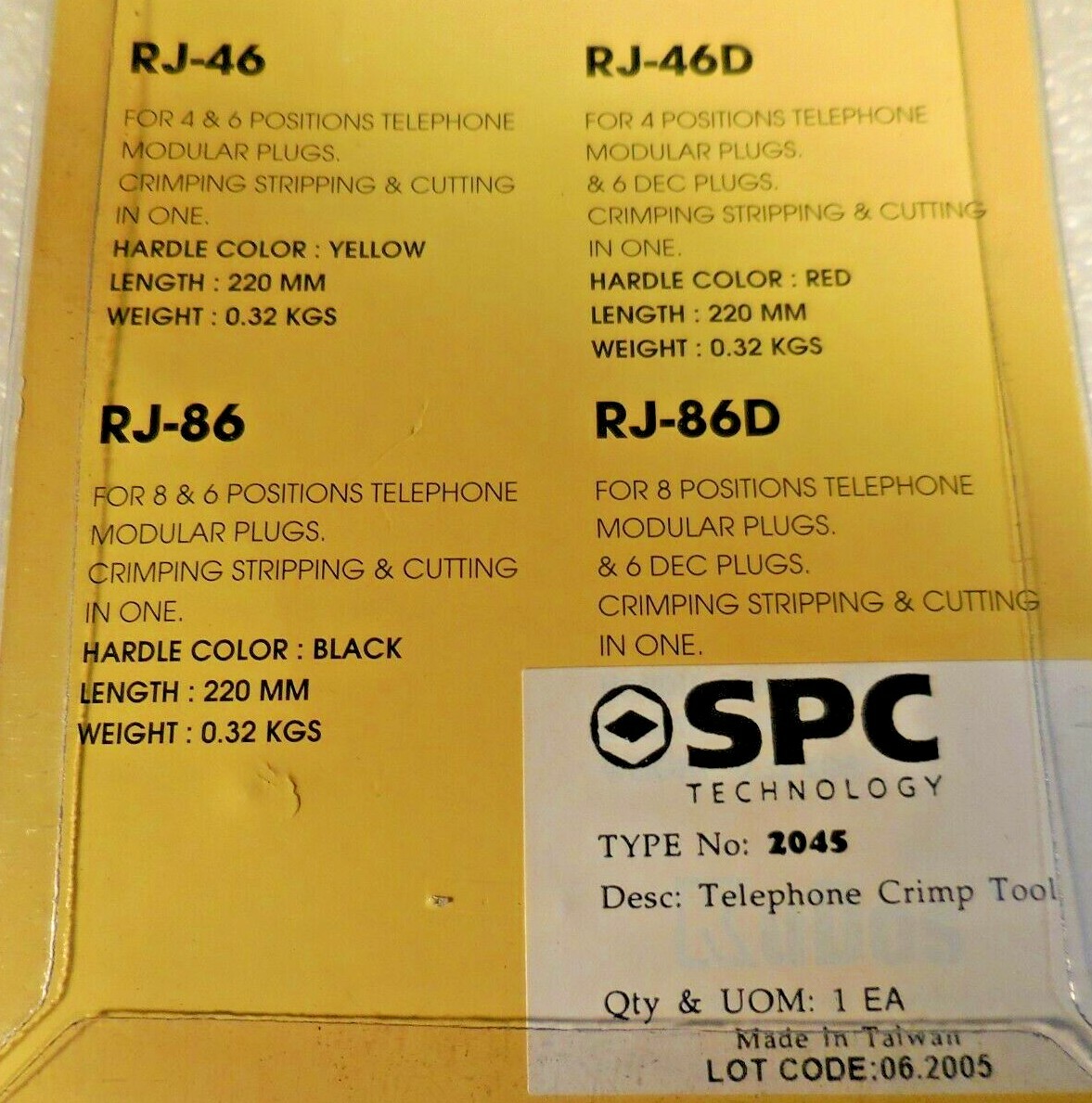 SPC Technology Type 2045 Modular Crimp Tool RJ-46(&D) RJ-86(&D) "NEW"
