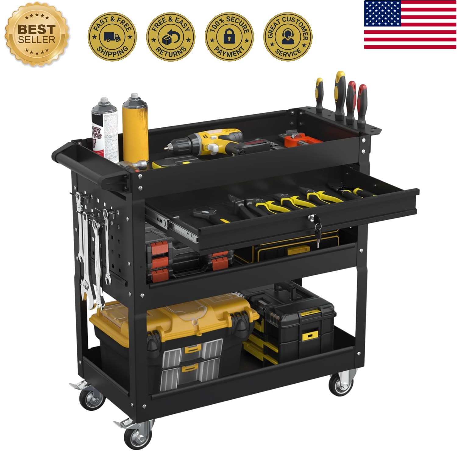 3 Tier Heavy Duty Rolling Tool Cart with Drawers, Large Storage Utility Cart ...
