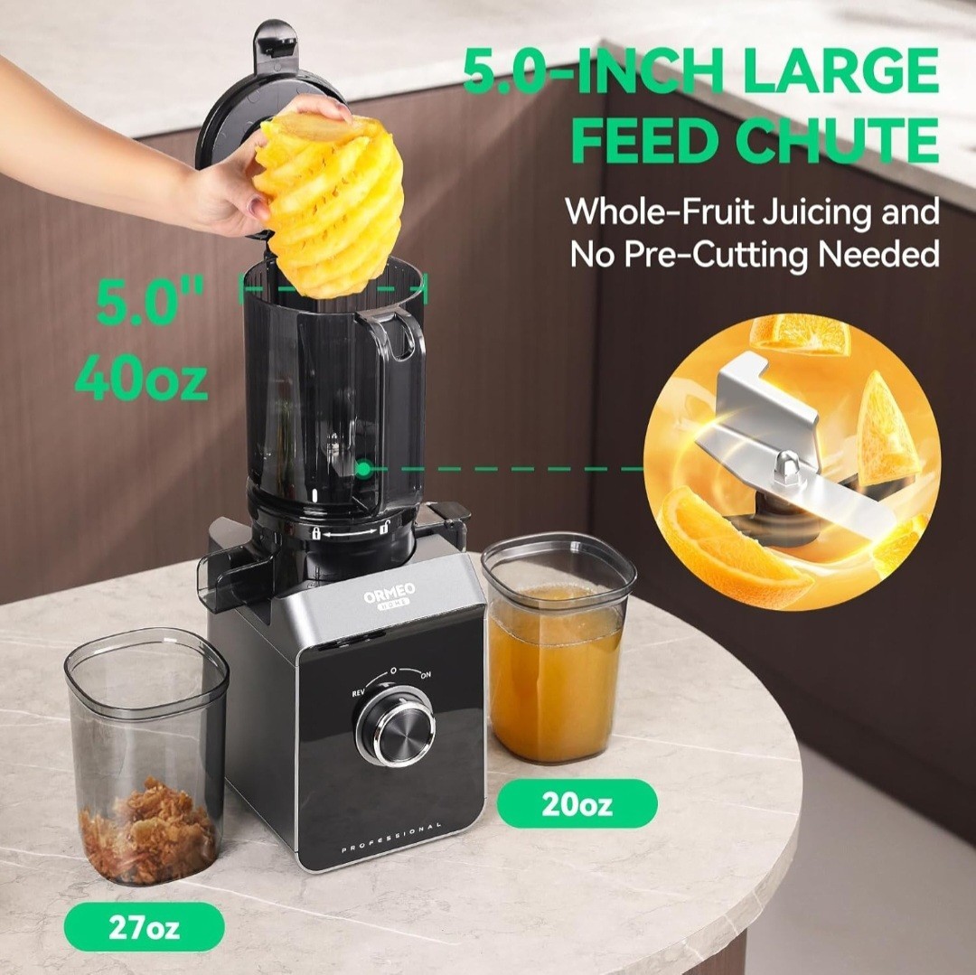 Cold Press Juicer, ORMEO HOME Masticating Juicer Machines with 5.0"Large Feed Ch