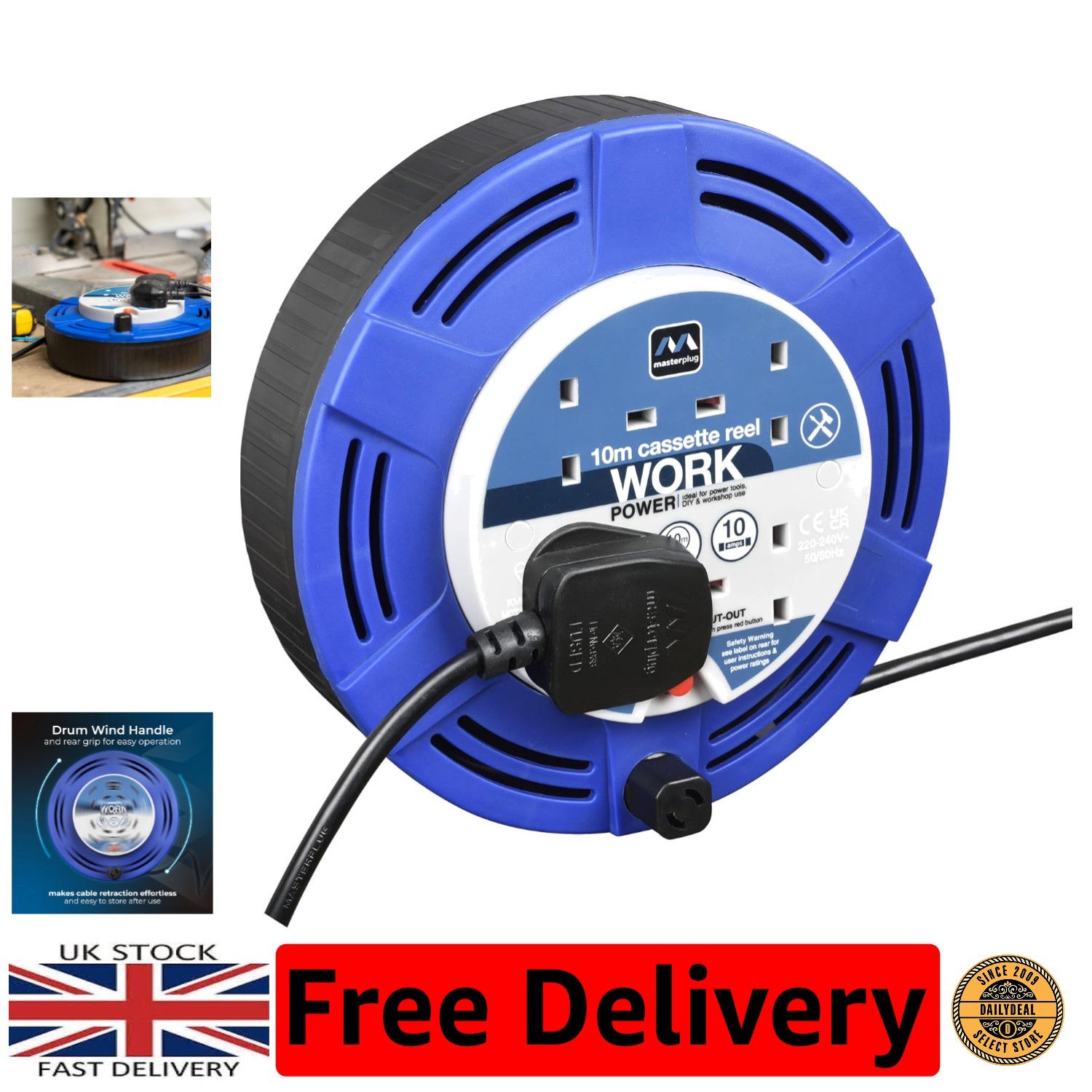 10M Retractable Power Cord Reel with 4 Sockets - Safe and Compact Design