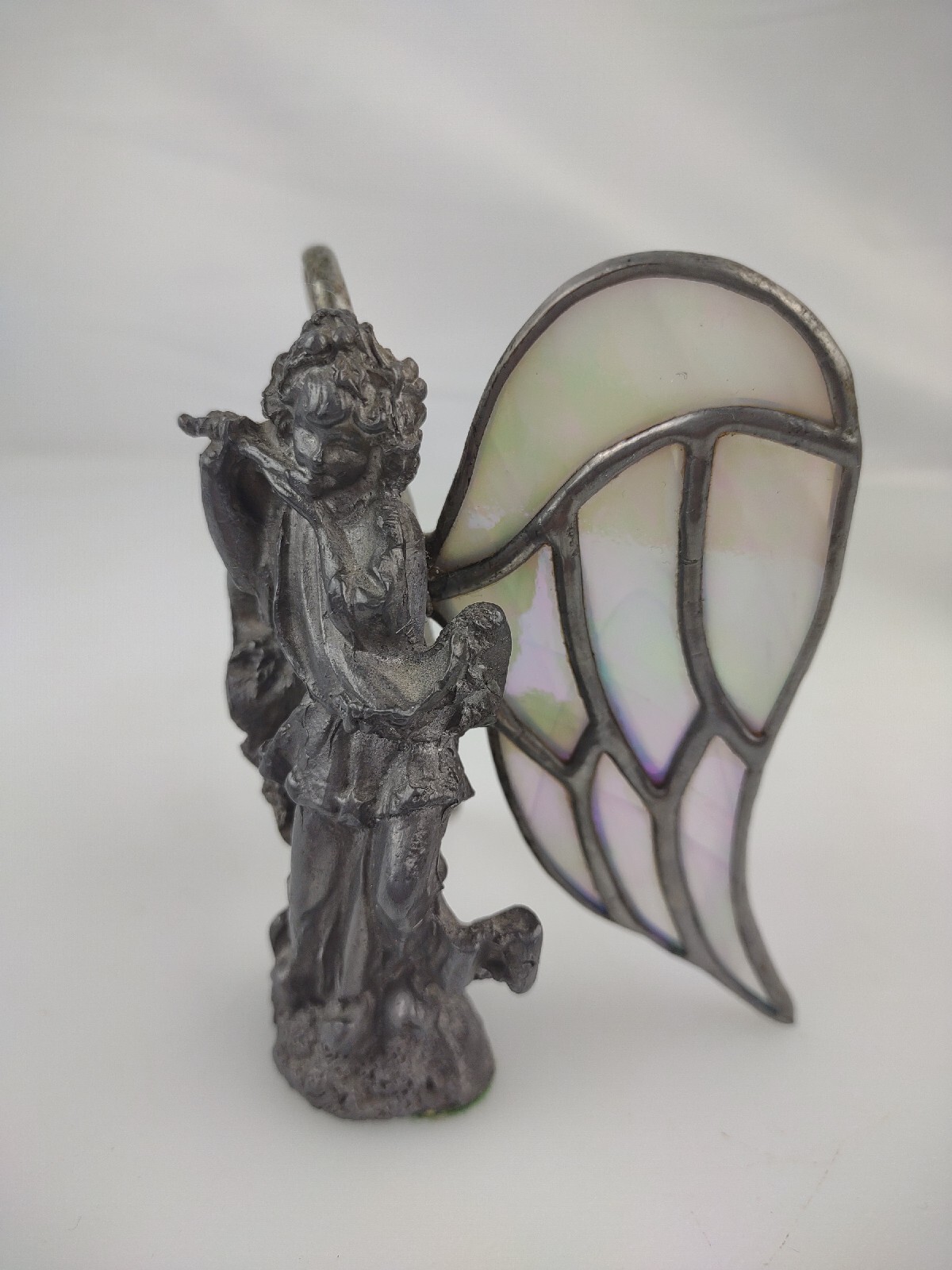 Standing Angel with Ribbon Hand Cast metal Sculpture with stain glass wings