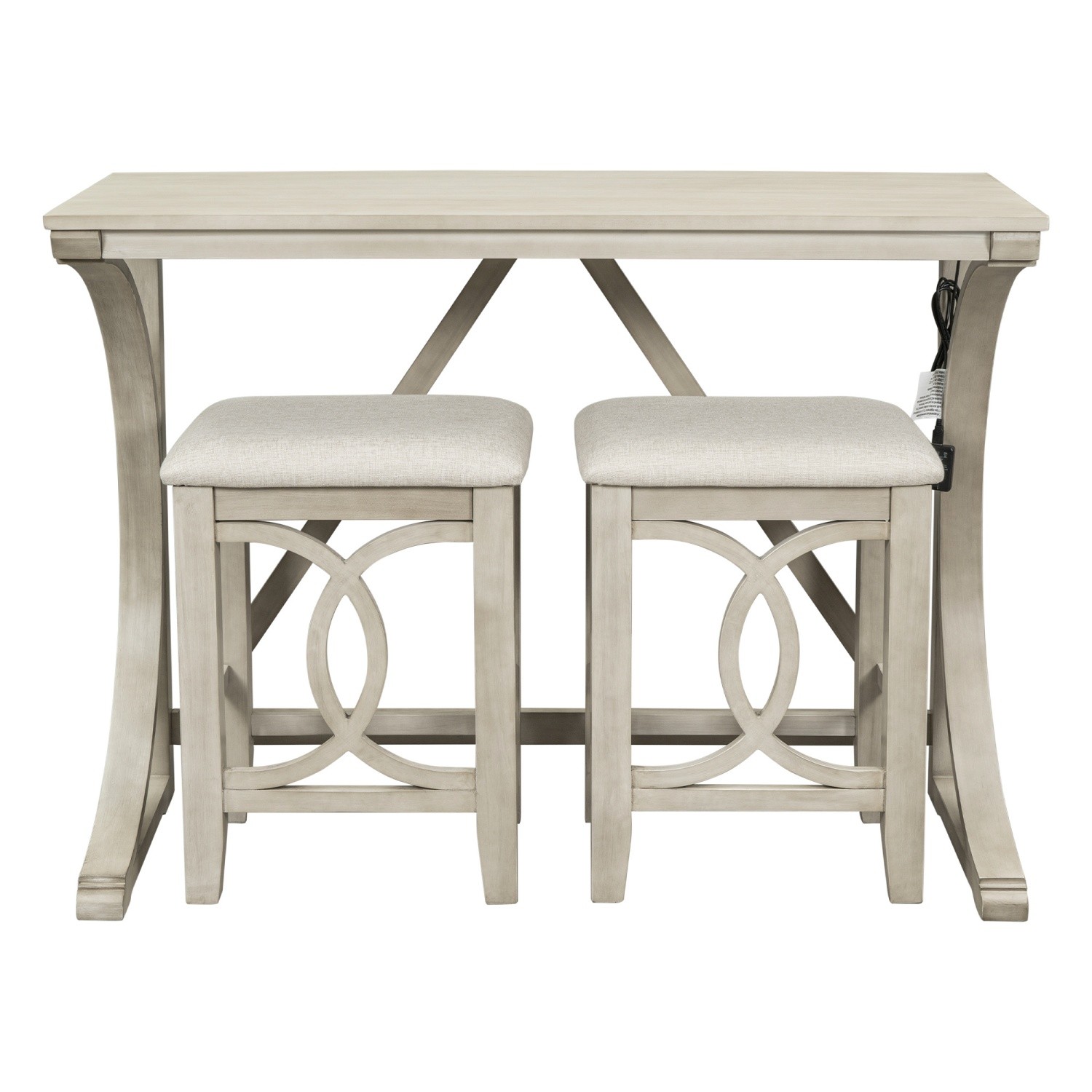 Rustic 3 Piece Counter Height Table Set Small Spaces w/ 2 Bar Stools & USB Port