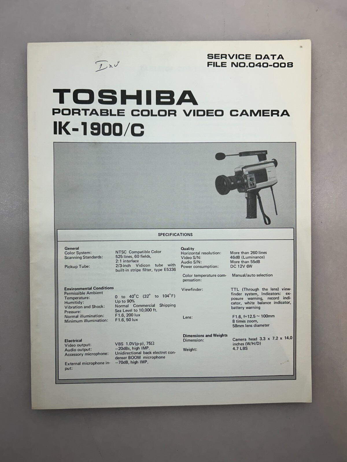 Toshiba IK-1900 Original Service Manual Free Shipping