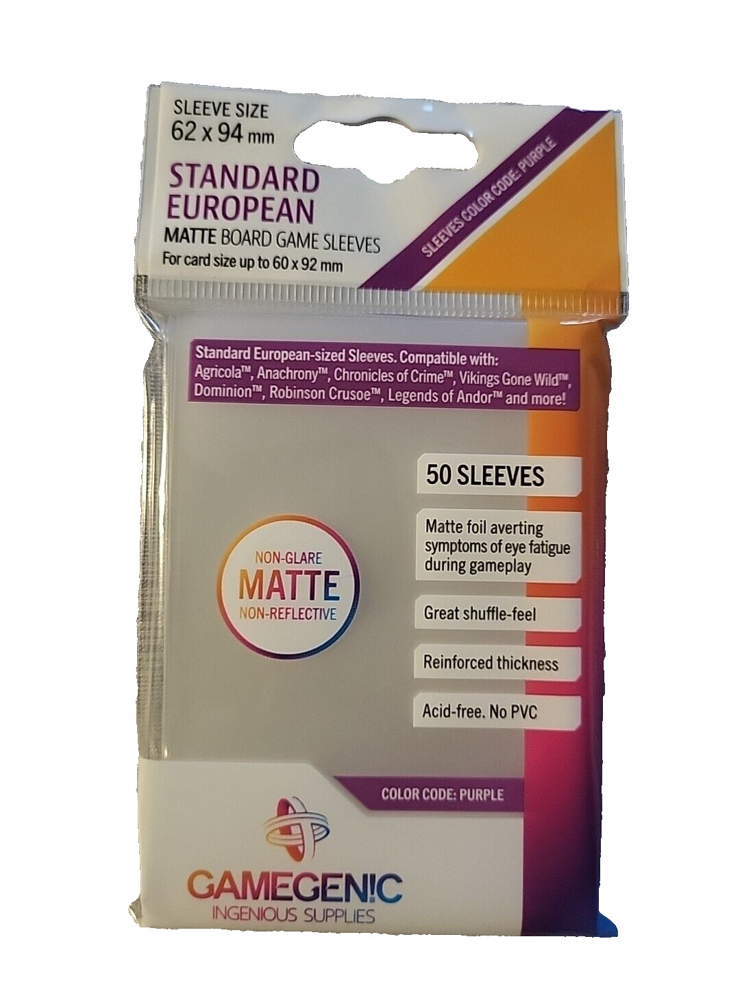 Gamegenic Matte Sleeves 50ct: Standard European 62 X 94mm