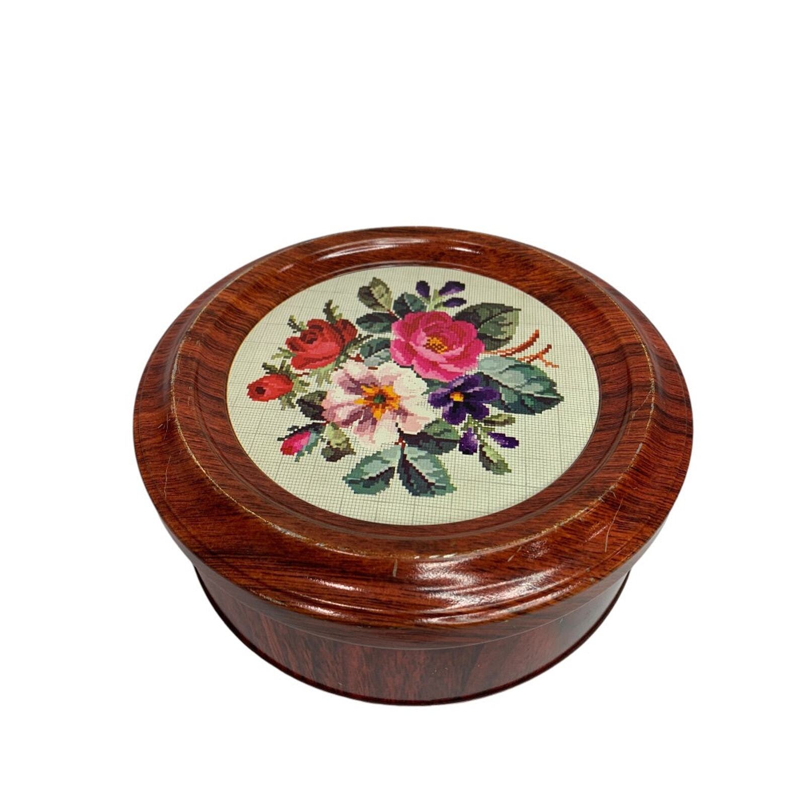 1970s Metal Tin Faux Wood Needlepoint Floral Guildcraft USA