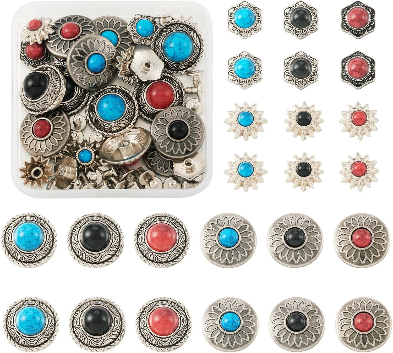 24 Sets Sunflower Rivets for Leather, Turquoise Conchos Decorative Studs DIY Cra