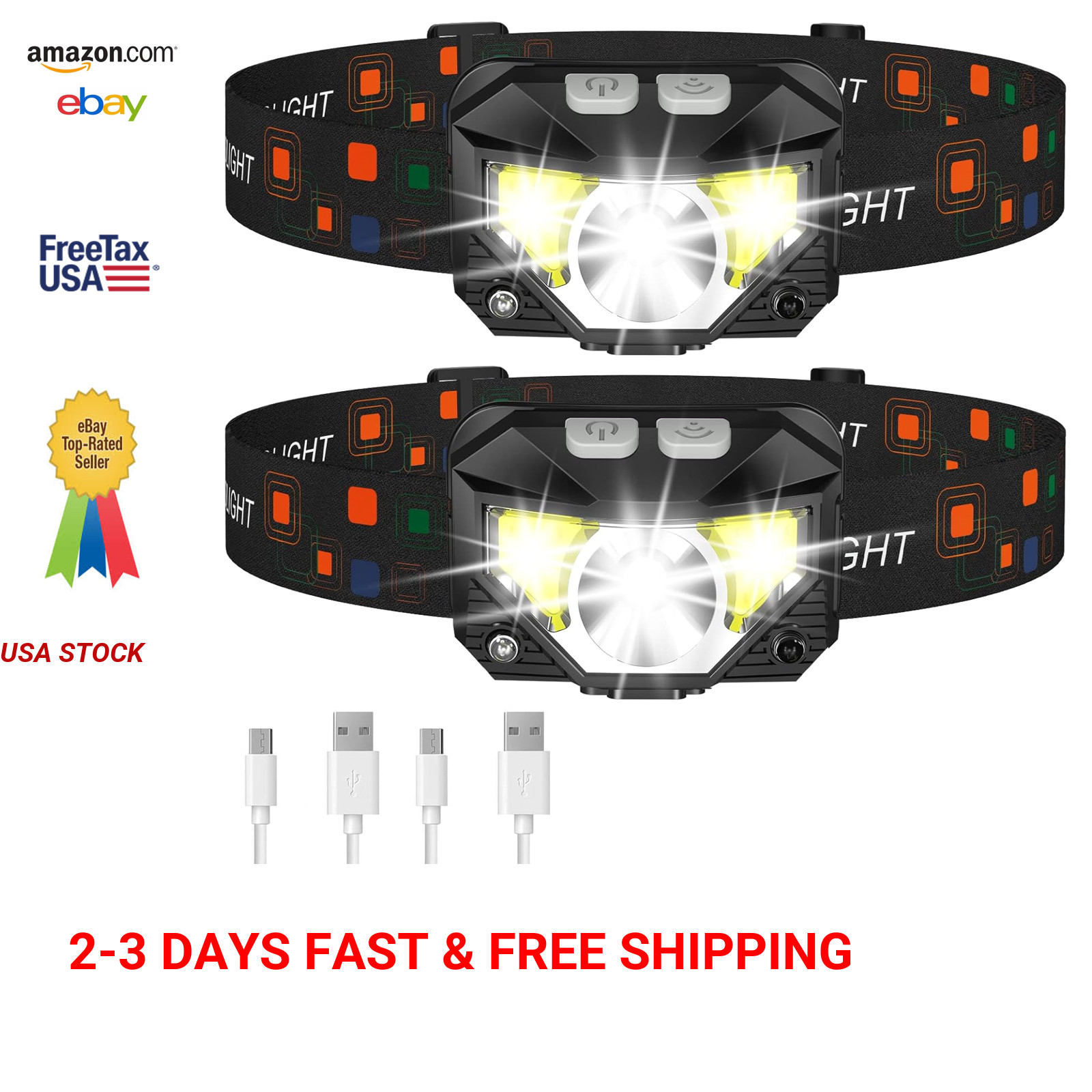 Headlamp Flashlight Rechargeable LED Waterproof 2 Pack for Camping Hiking