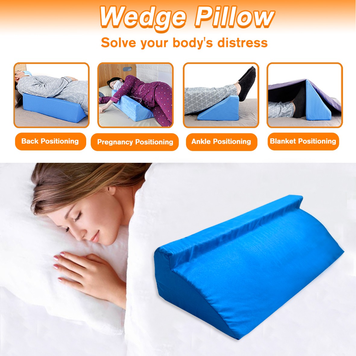 30° Incline Wedge Pillow Foam Bed For Side Sleeper Medical Elevated Bolster Blue