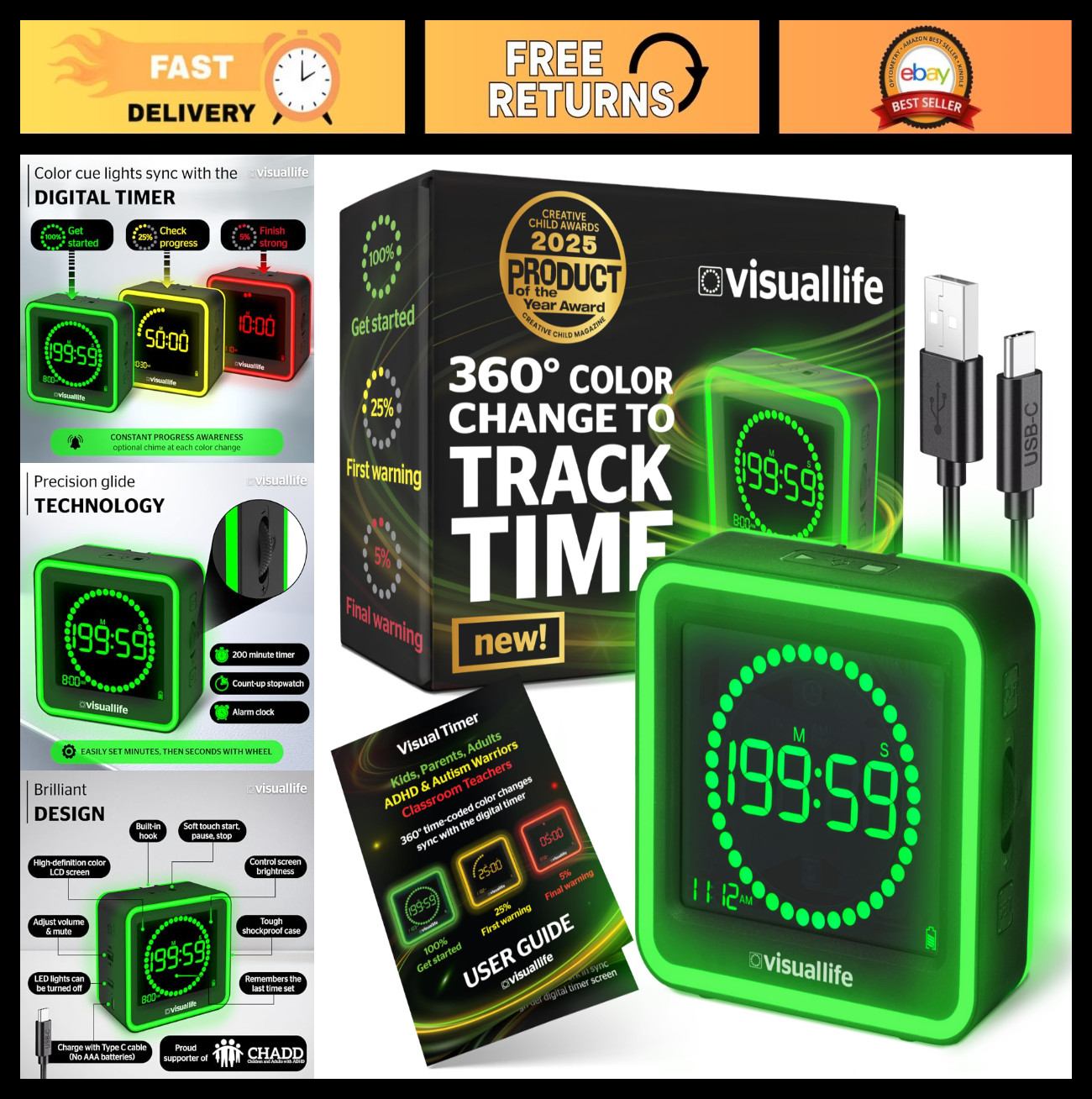 Visual Life Timer for Kids & Adults - ADHD, Autism, Dyslexia Tool, Color Cues, F