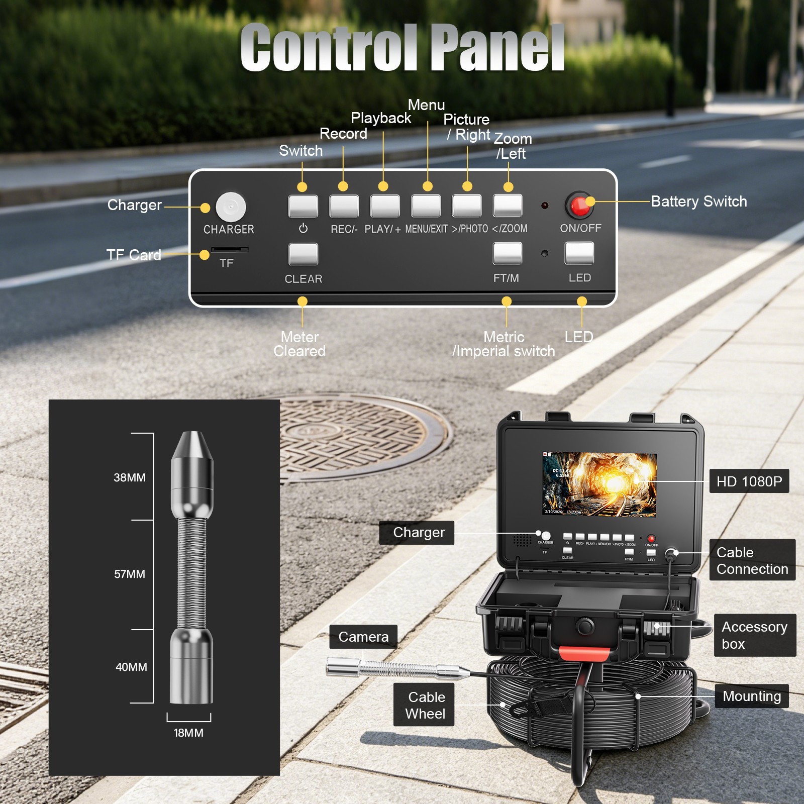 30m Pipe Sewer Inspection Camera w/ Meter Counter Drain Sewer Endoscope 7" DVR