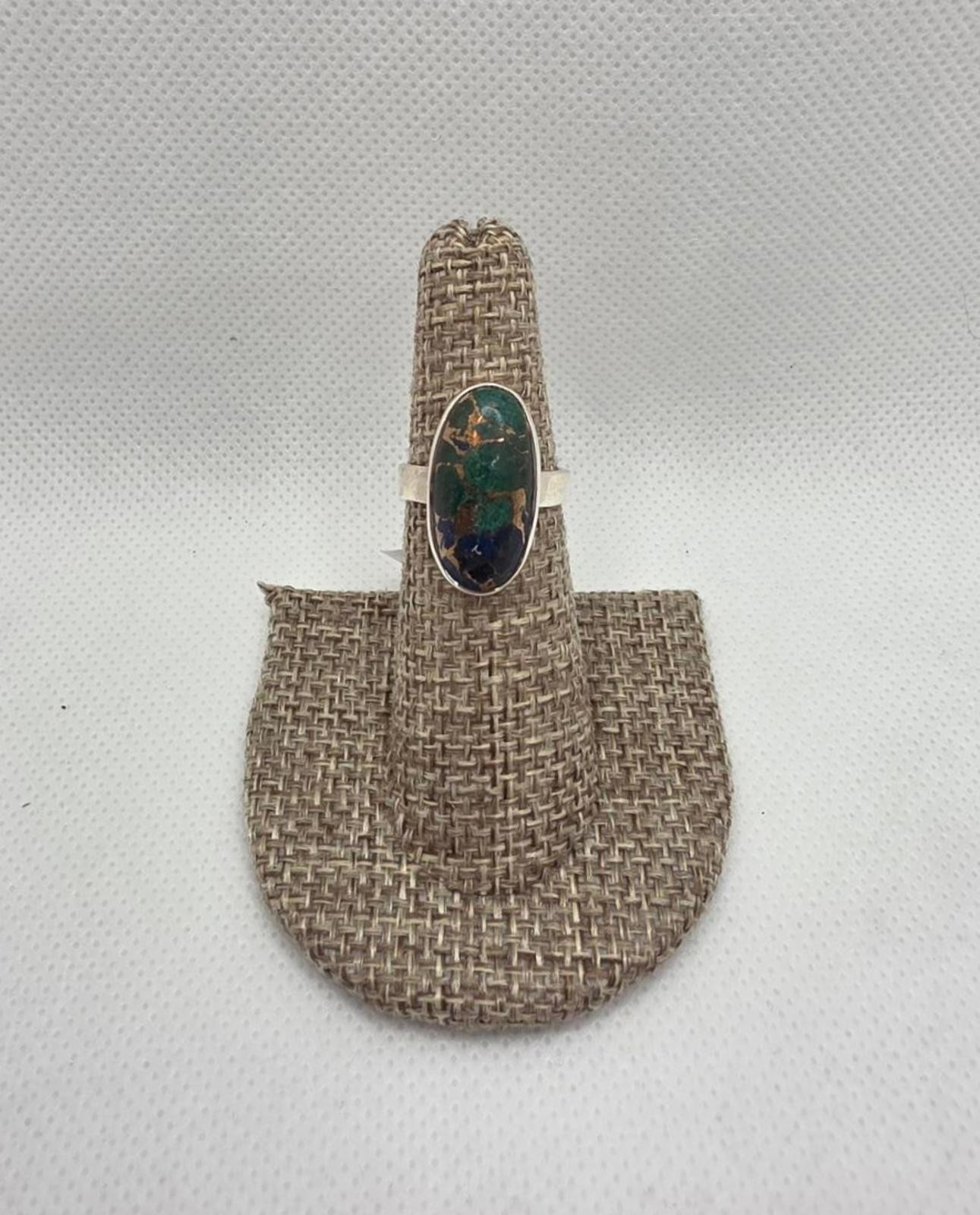Sterling Silver Azurite Ring–Size 6–Natural Blue-Green Stone Boho Southwestern