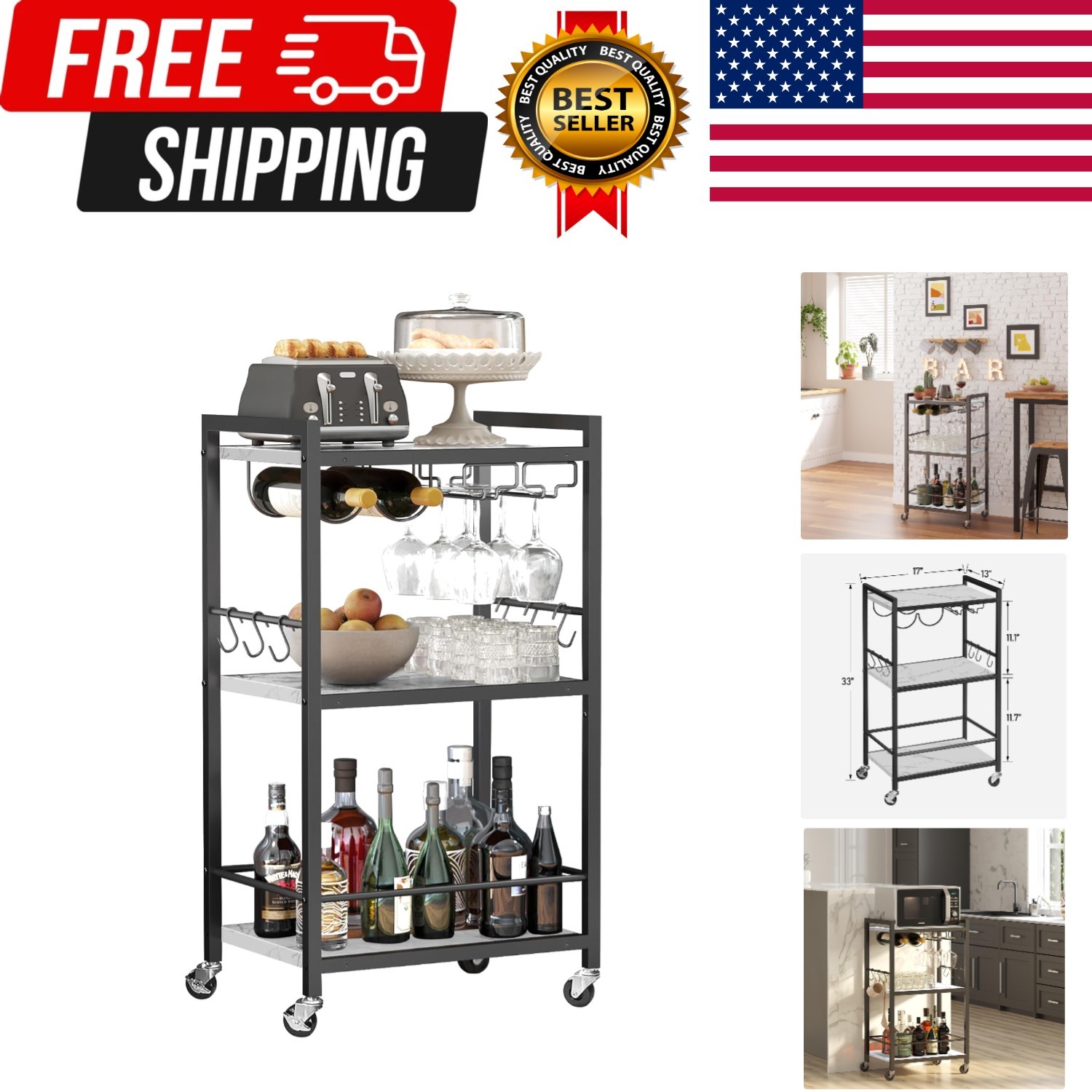 Bar Cart, Home Bar Serving Cart, Microwave Cart, Drink Cart, Mobile Kitchen S...