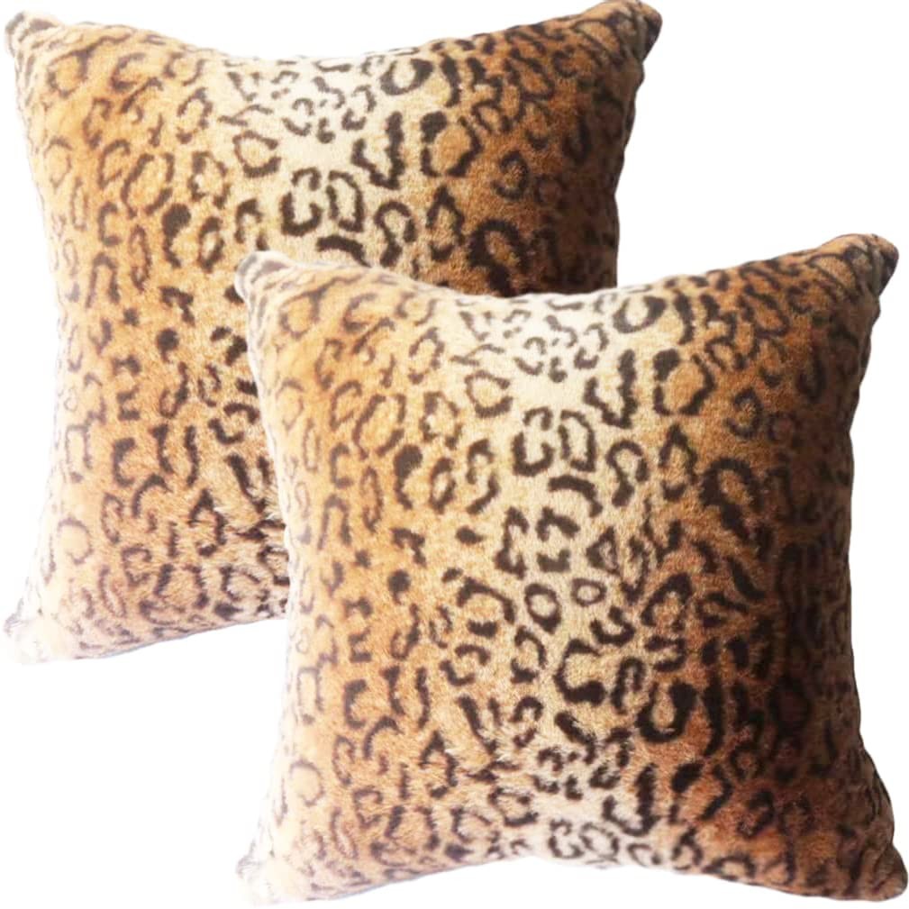 Faux Fur Throw Pillows, Set of 2 Decorative Square Couch Pillow Covers, Leopa...