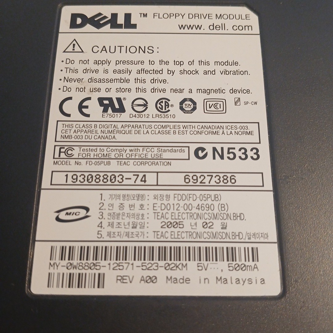 Dell FD-05PUB External USB to 1.44MB Floppy Drive Module 19308802-74
