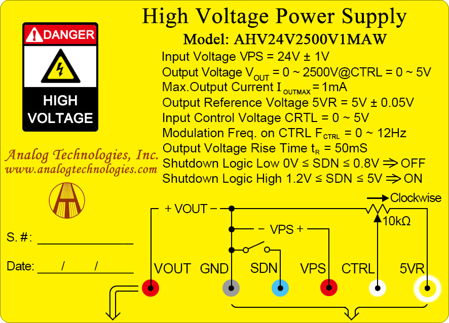 AHV24V2500V1MAW DC-DC HV Power Supply Module 24V Input 0-2500V 1mA Control
