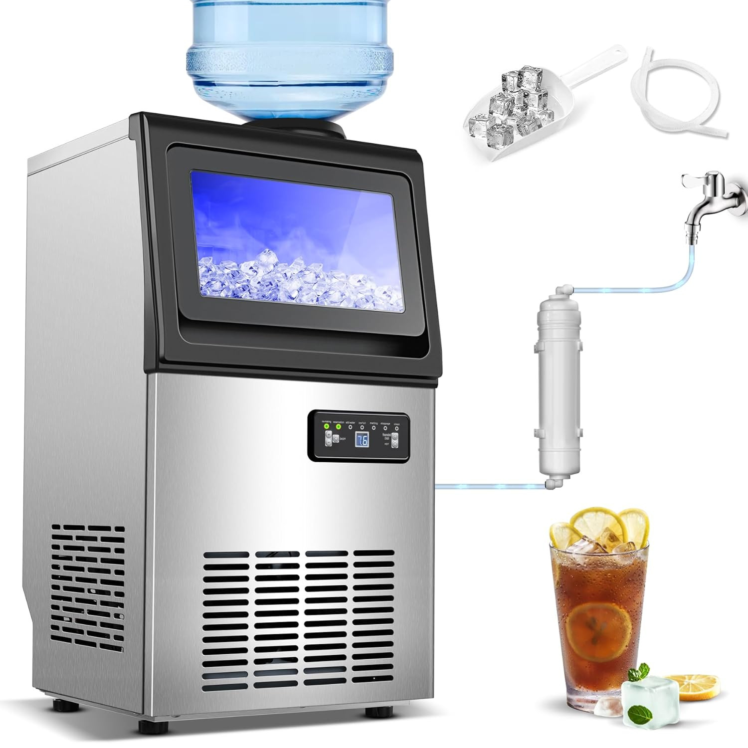 Commercial Ice Maker 110Lbs/24H with Dual Water Inlet & Self-Cleaning