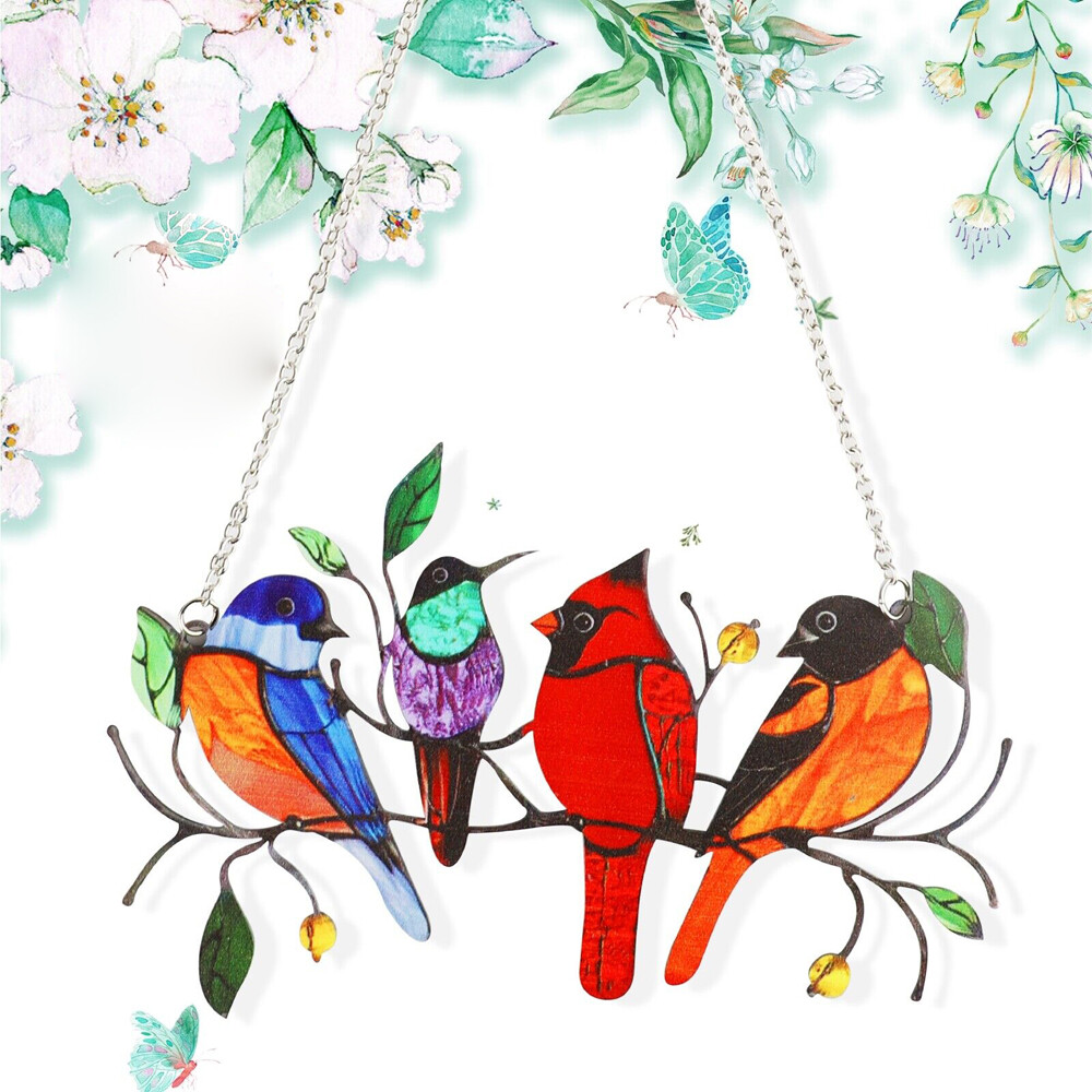 Multicolor Birds Suncatcher Stained Panel w/Chain for Glass Window Hanging Decor