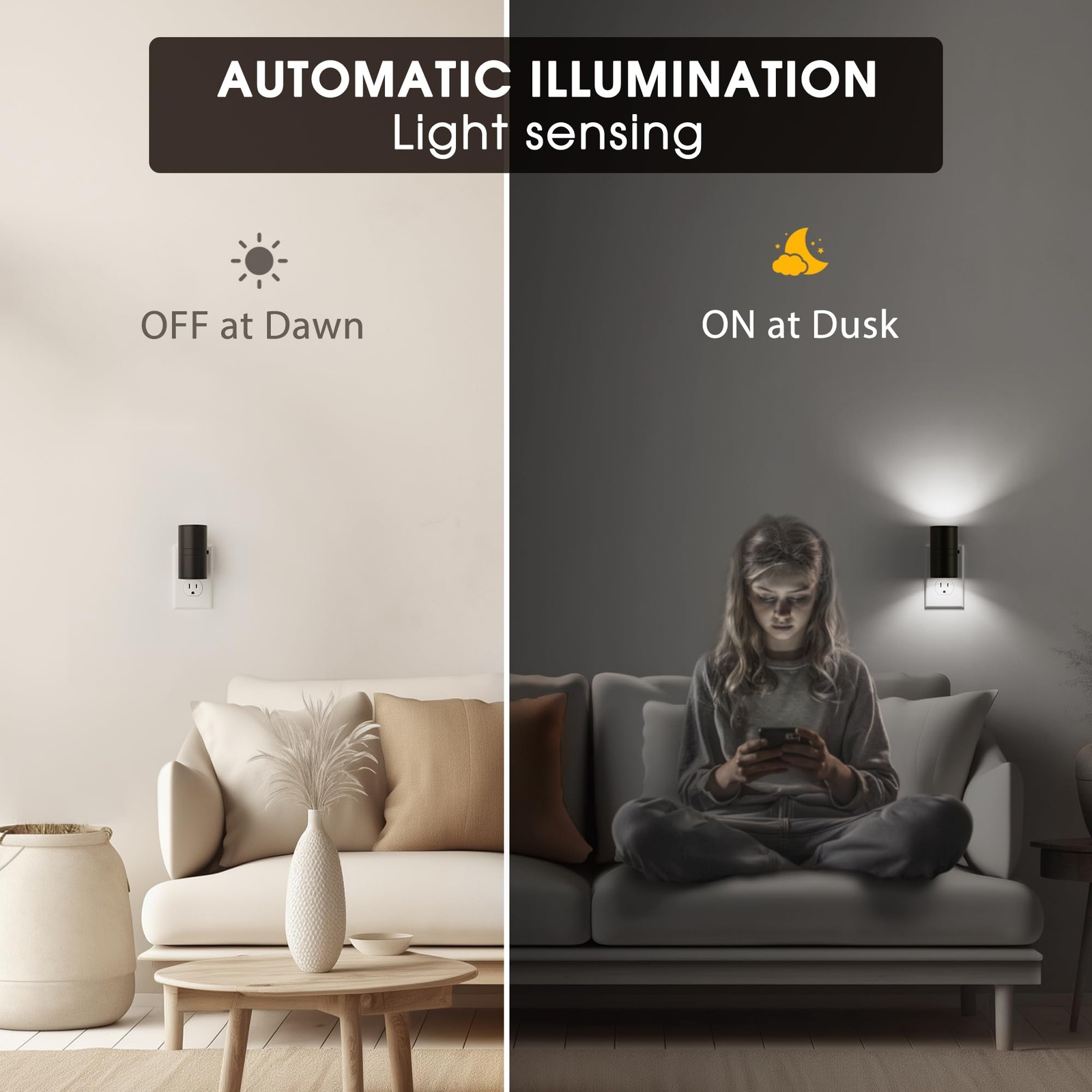 Briignite Night Lights Plug into Wall, Modern LED 2 Pack, Black-5000K