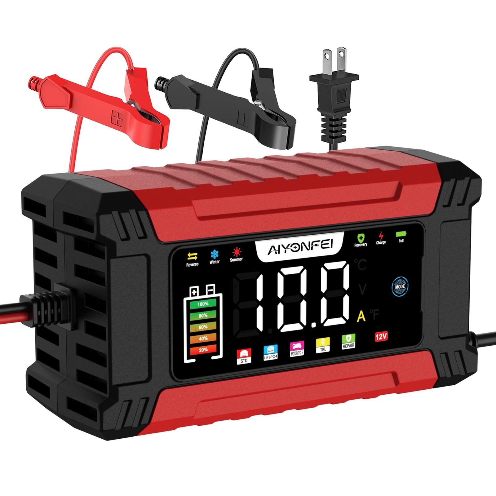 AIYONFEI 12V 10A Battery Charger, 9-Stage Smart Trickle Charger with LED Red