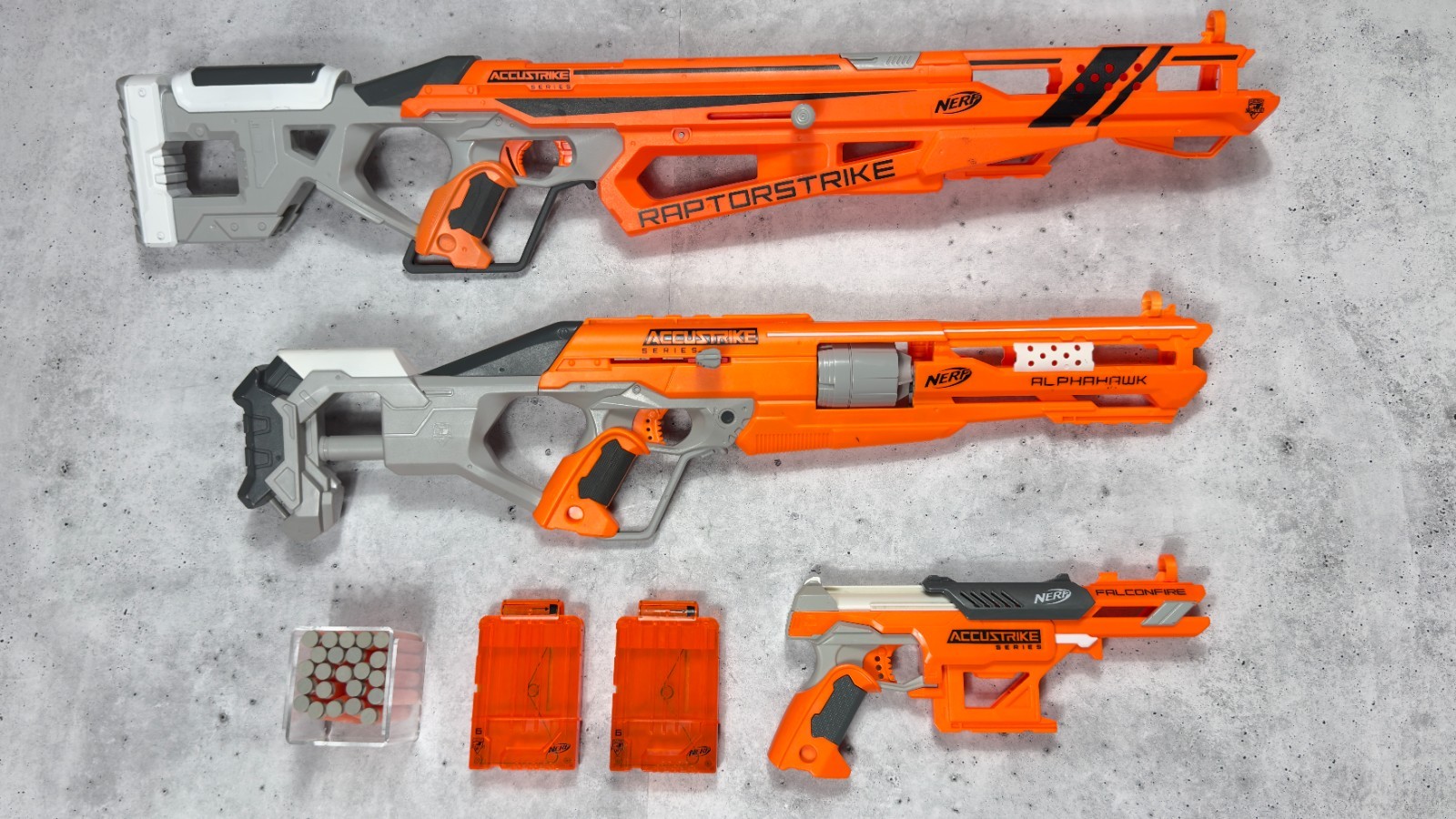 Nerf Accustrike Raptorstrike Alphahawk Falconfire Lot w/ 2 Mags & Darts — Tested