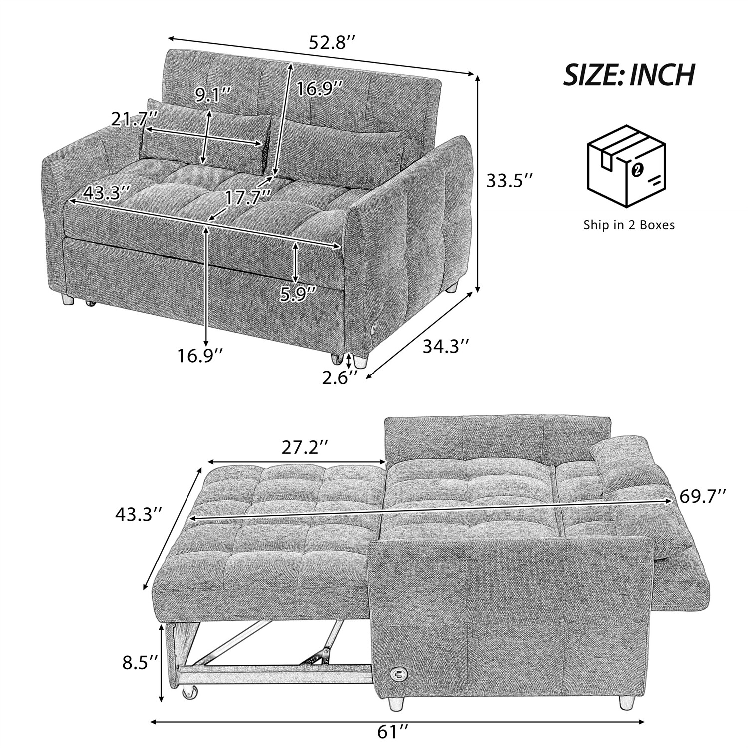 52.8'' Convertible Sleeper Sofa Bed Loveseat Sofa 2 Seater Couch w/ Pull Out Bed