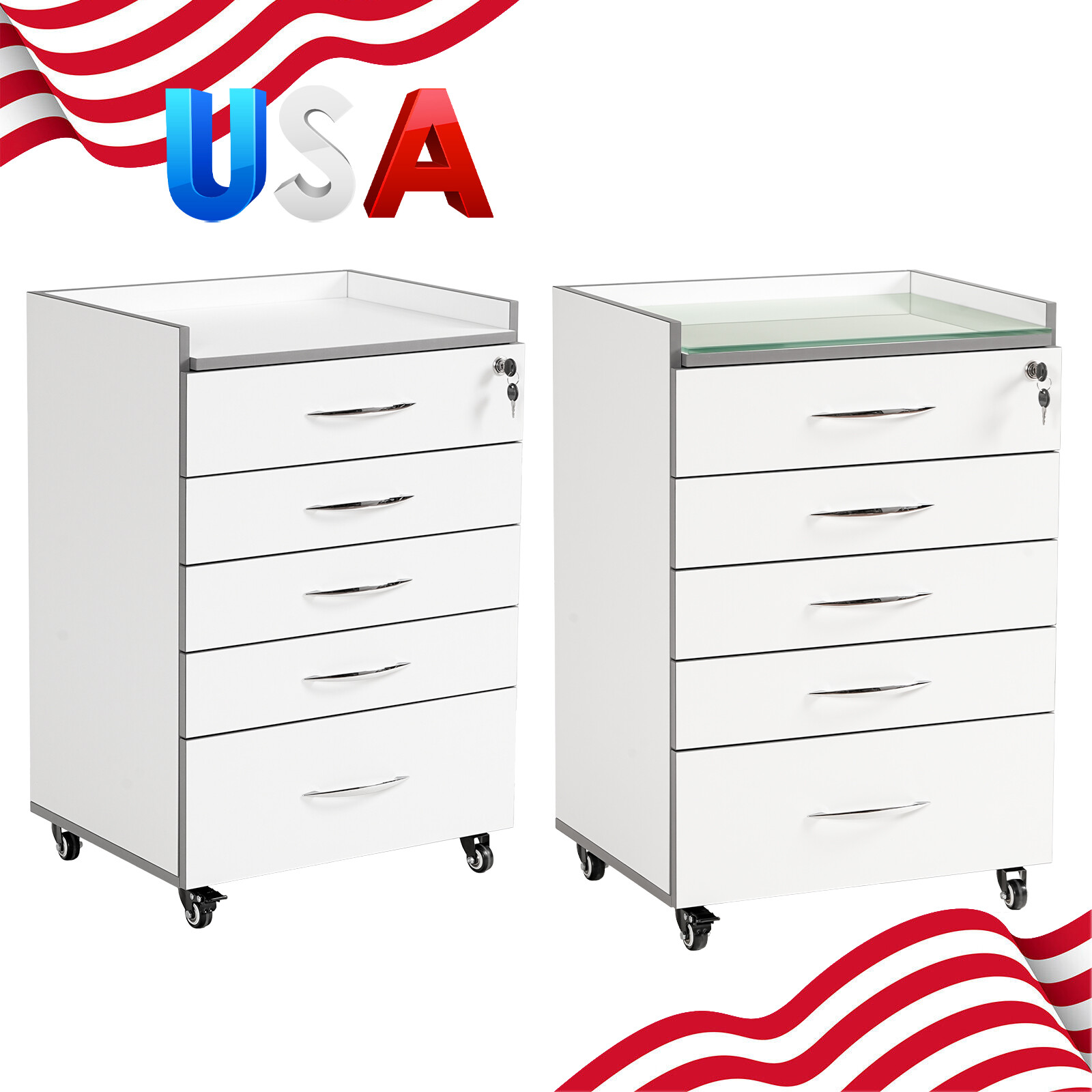 5Drawers Dental Medical Cart Acrylic Mobile Wooden Cabinet Rolling Cart US