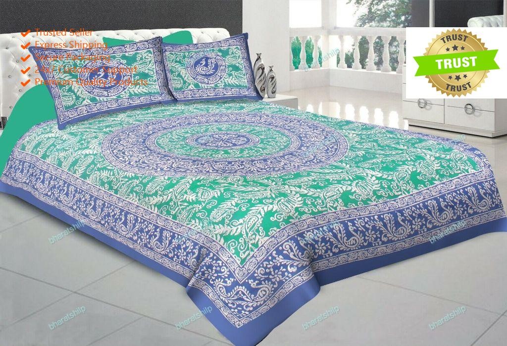 Attrative Jaipuri Floral Printed Cotton Double Bed Sheet 2 Pillow Cover 90x108