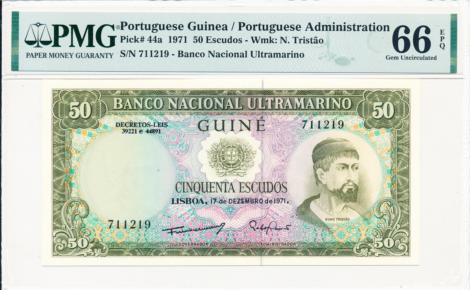 Banco Nacional Ultramarino Portuguese Guinea 50 Escudos 1971  PMG  66EPQ