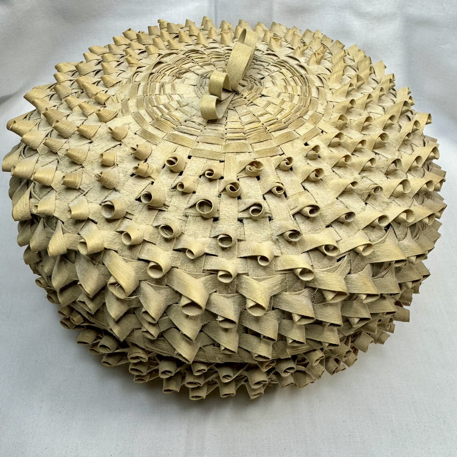 Handmade Vintage Porcupine Coil Curl Basket Native Indian Reed Lidded Weave