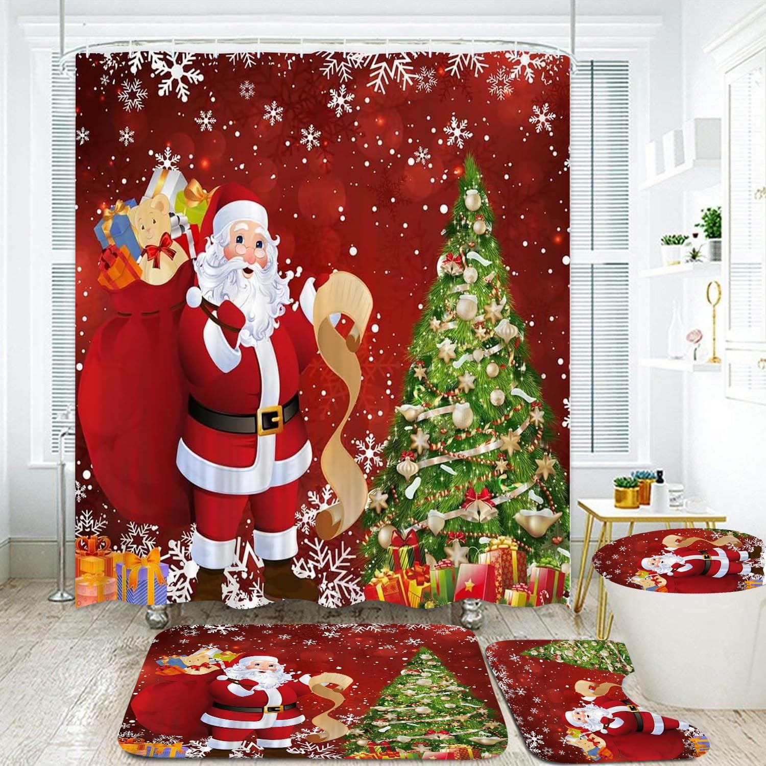 Cortina de ducha roja con diseño de Papá Noel y nieve, alfombra antideslizante