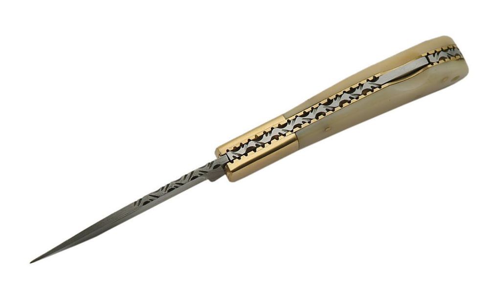 Damascus Steel Blade Folding Knife | White Bone Brass Classic Lockback