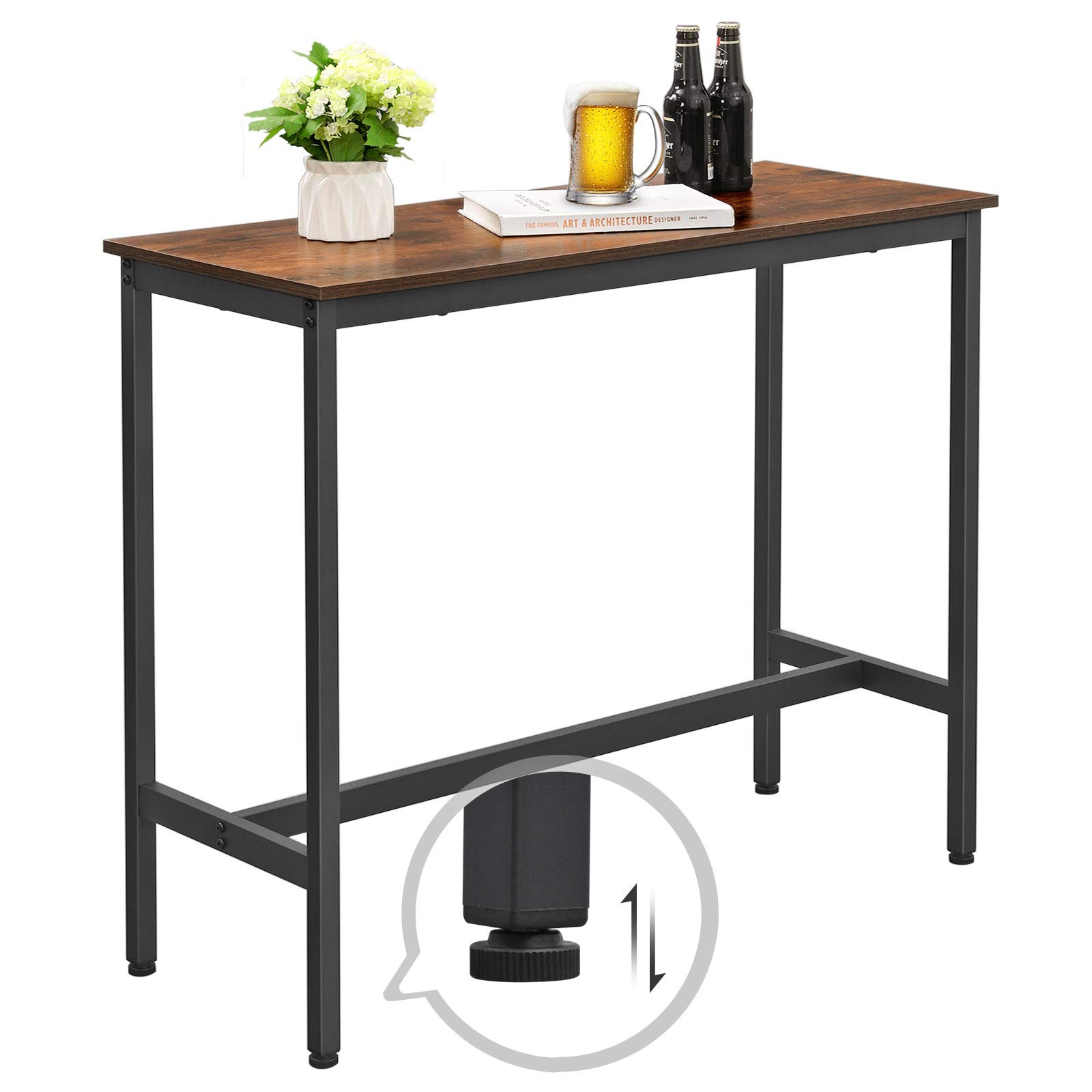 Industrial Narrow Bar Table Rustic Brown Metal Frame