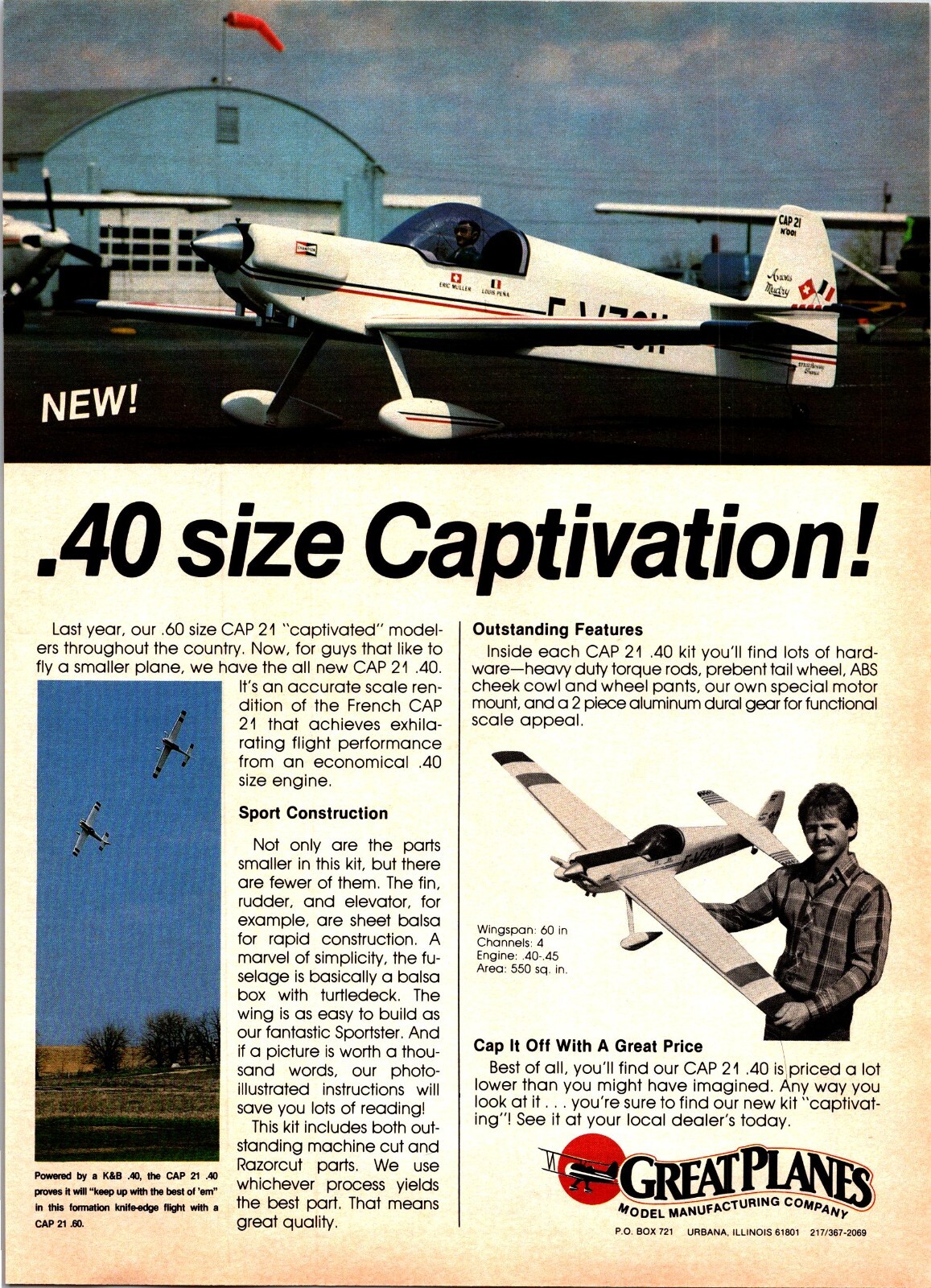 Cap 21 .40 RC Airplane Print Ad Wall Art Decor Ephemera Great Planes
