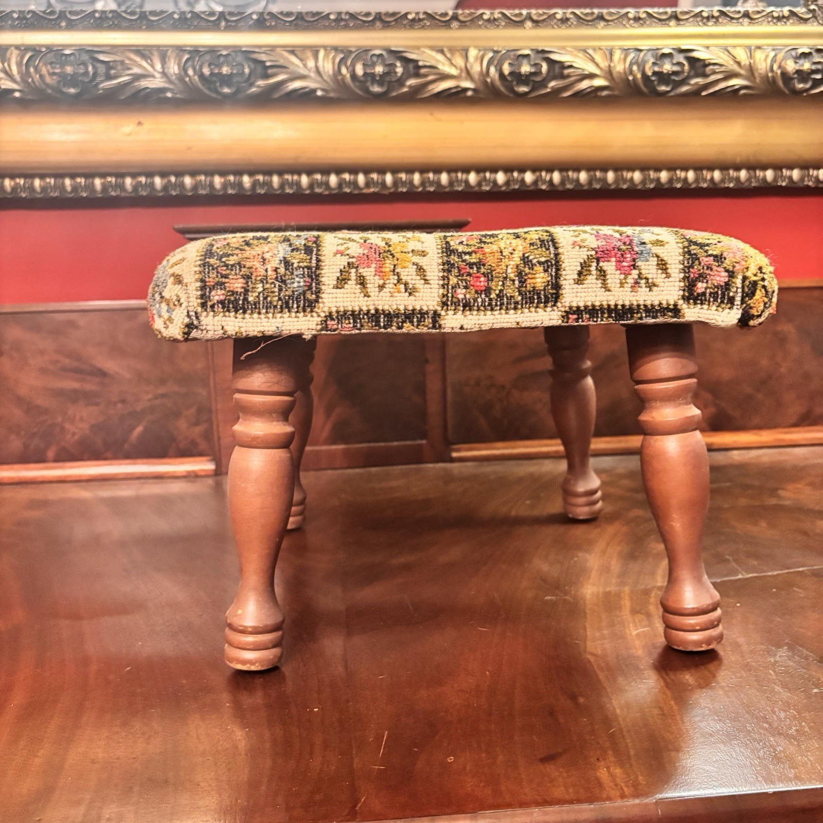 Vintage Wood Footstool Spindle Legs Floral Tapestry Upholstered 12x12