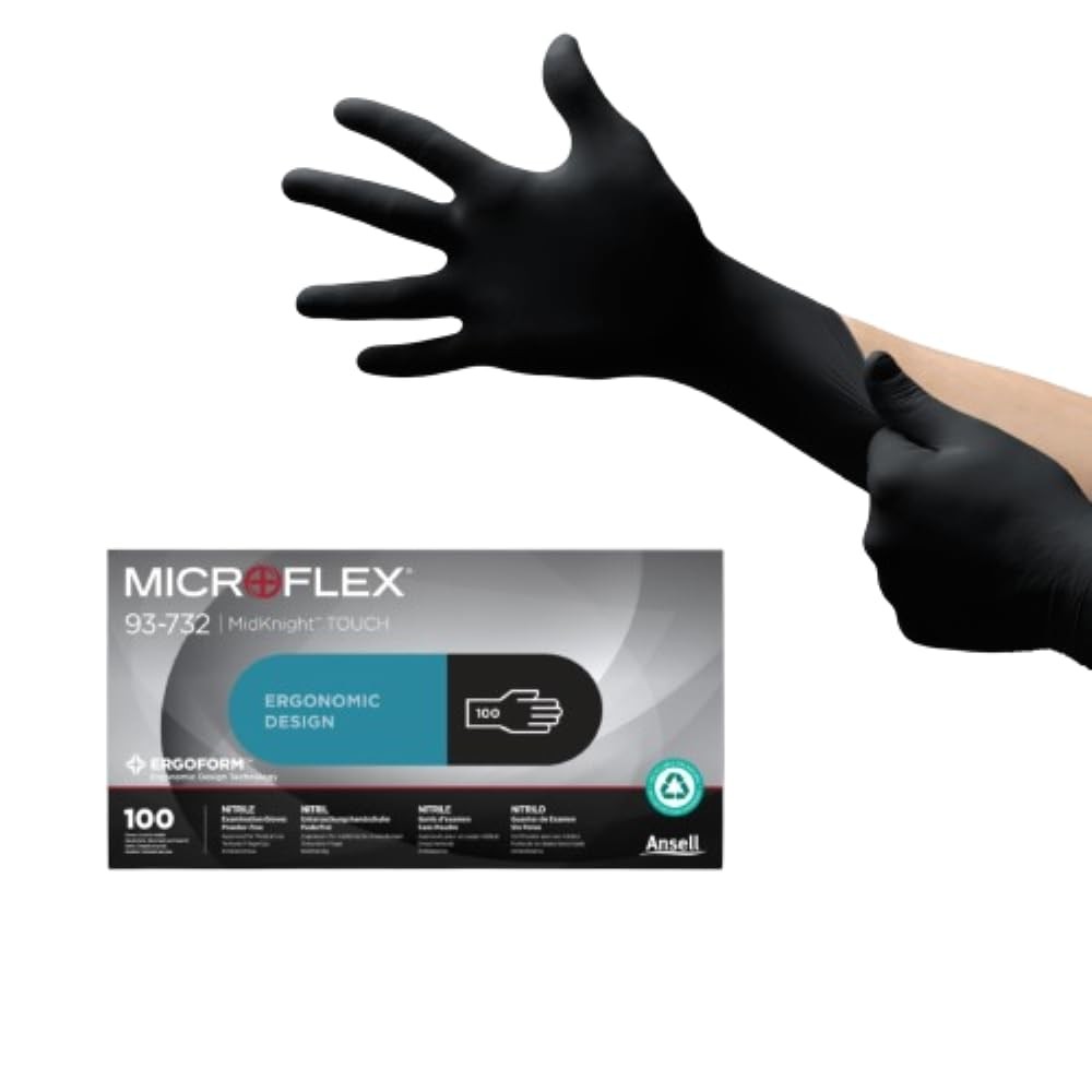 Disposable Nitrile Exam Gloves 4.3mil Medium Black Box 100 Ansell 93-732 Touch