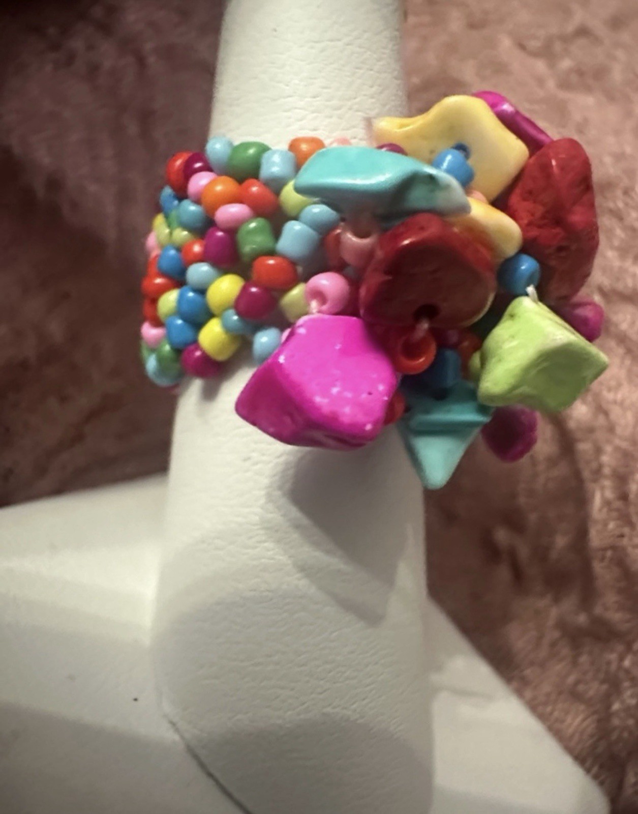 Multicolor Beaded Cocktail Ring Art Asymmetrical Design Stretchy - one size