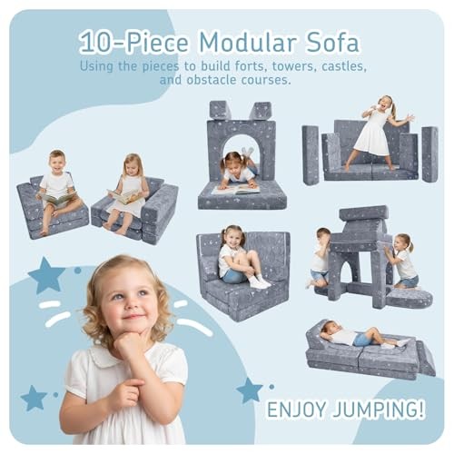 10-Piece Kids Play Couch – Modular Foam Sofa Set for Glowing Plush Dinosaur