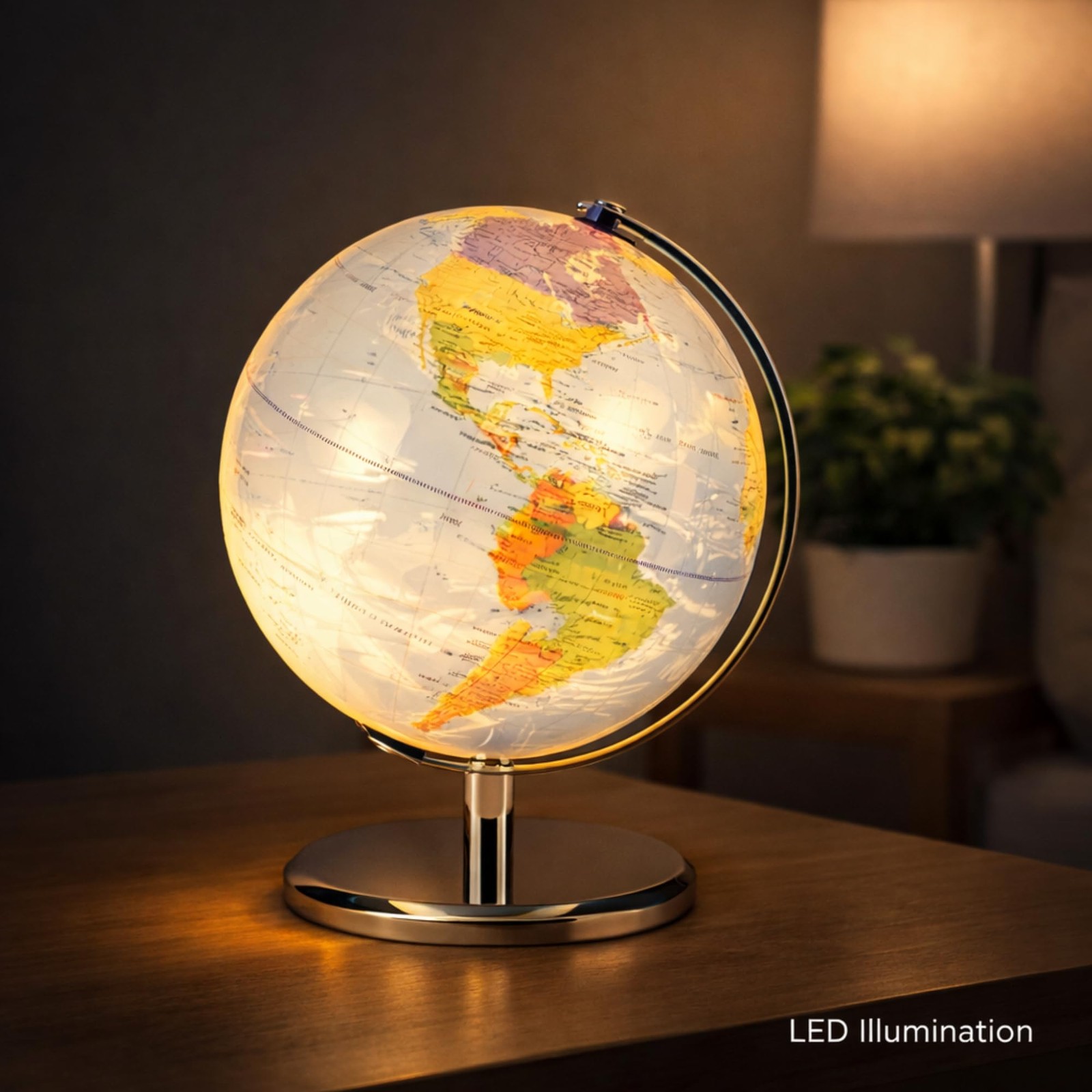 LED Illuminated World Globe with Chrome Rotating Stand – Desk Display Globe w...