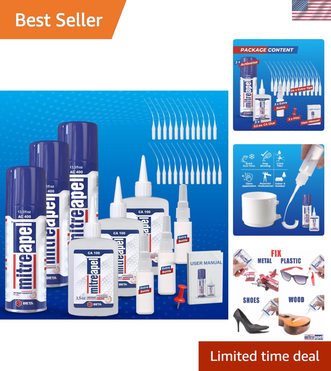 3-Pack Professional CA Glue with Aerosol Activator - Quick and Clear Bonding