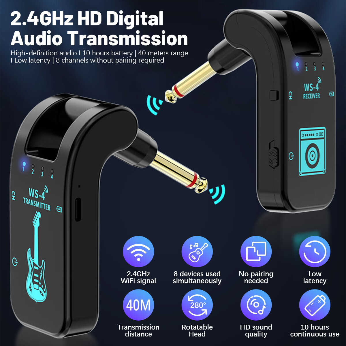 2.4GHz Wireless Guitar System Transmitter Receiver Rechargeable LED Display 40m*