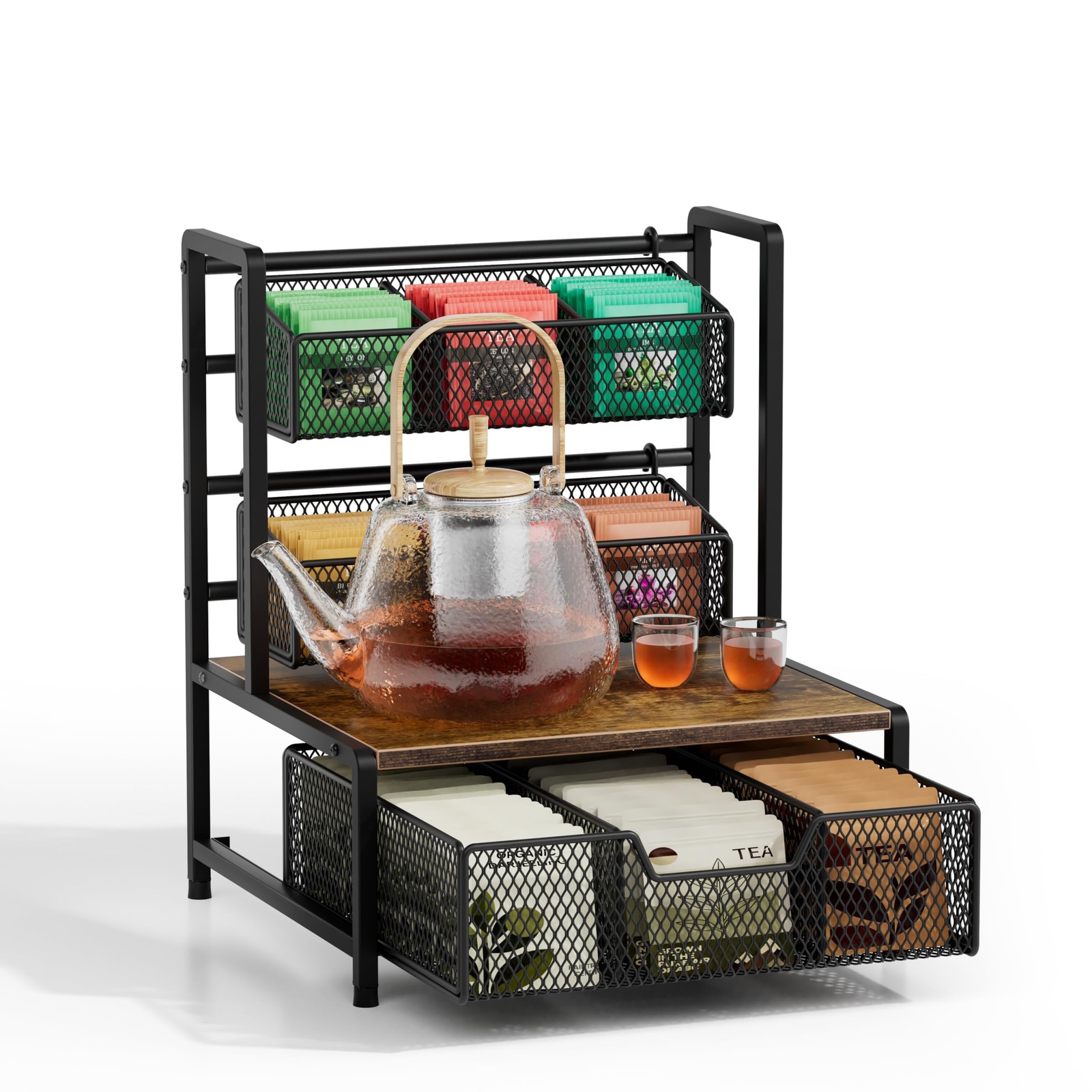 Tea Bag Organizer, 3 Tier Holder with Drawer, medium, Black and Brown
