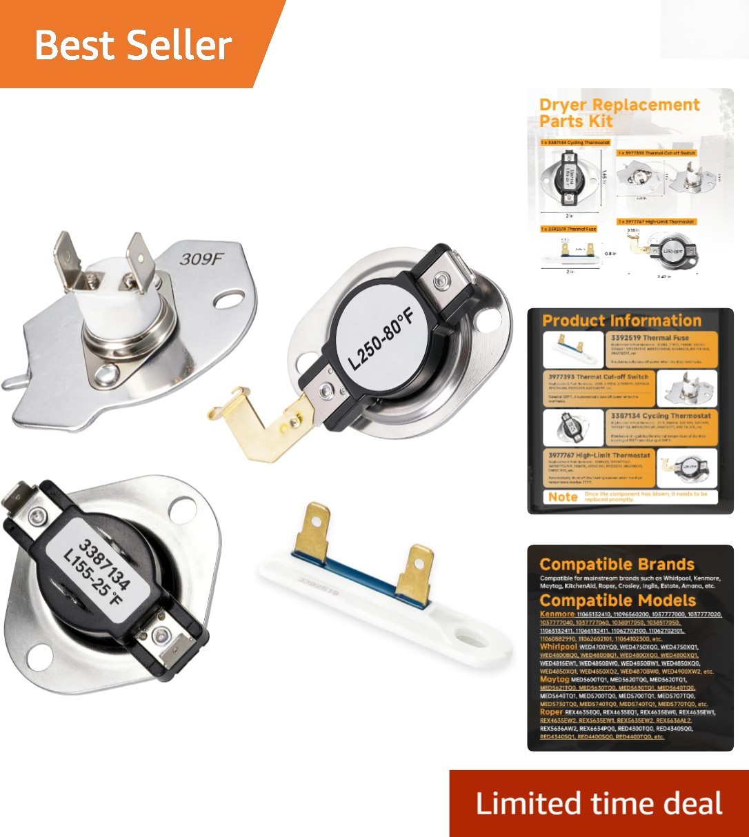 4 in 1 Kit, Cycling Thermostat, 3392519 Thermal Fuse, 3977393 Thermal Cutoff ...